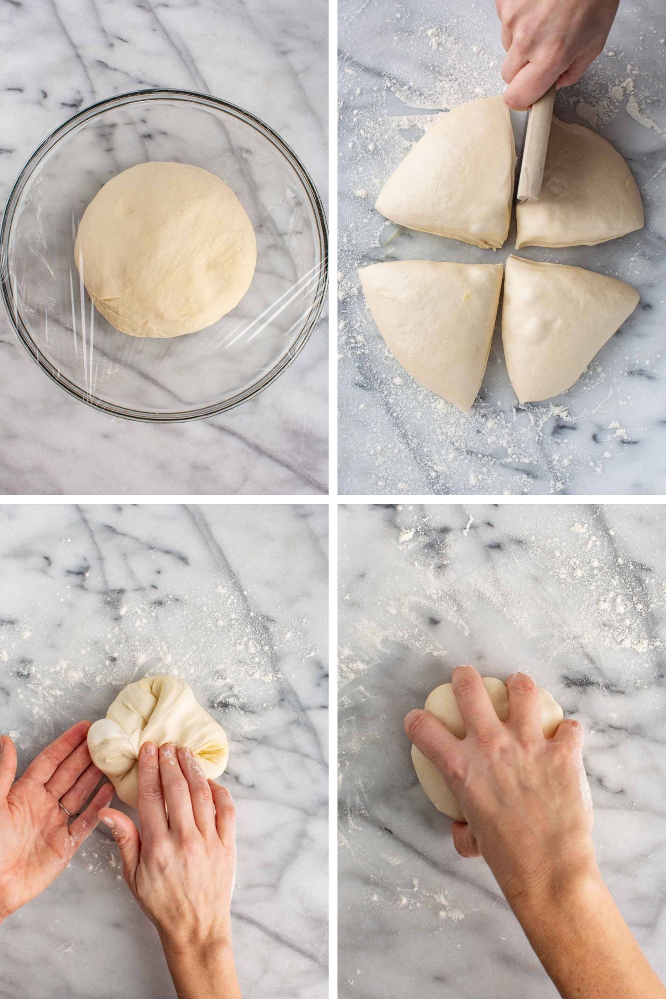 Four photos showing steps to make Neapolitan pizza dough including uncooked Neapolitan pizza dough formed into a ball and placed in a mixing bowl, separating dough into four equal parts, folding corners of raw Neapolitan pizza dough over, and prepping pizza dough for rising.