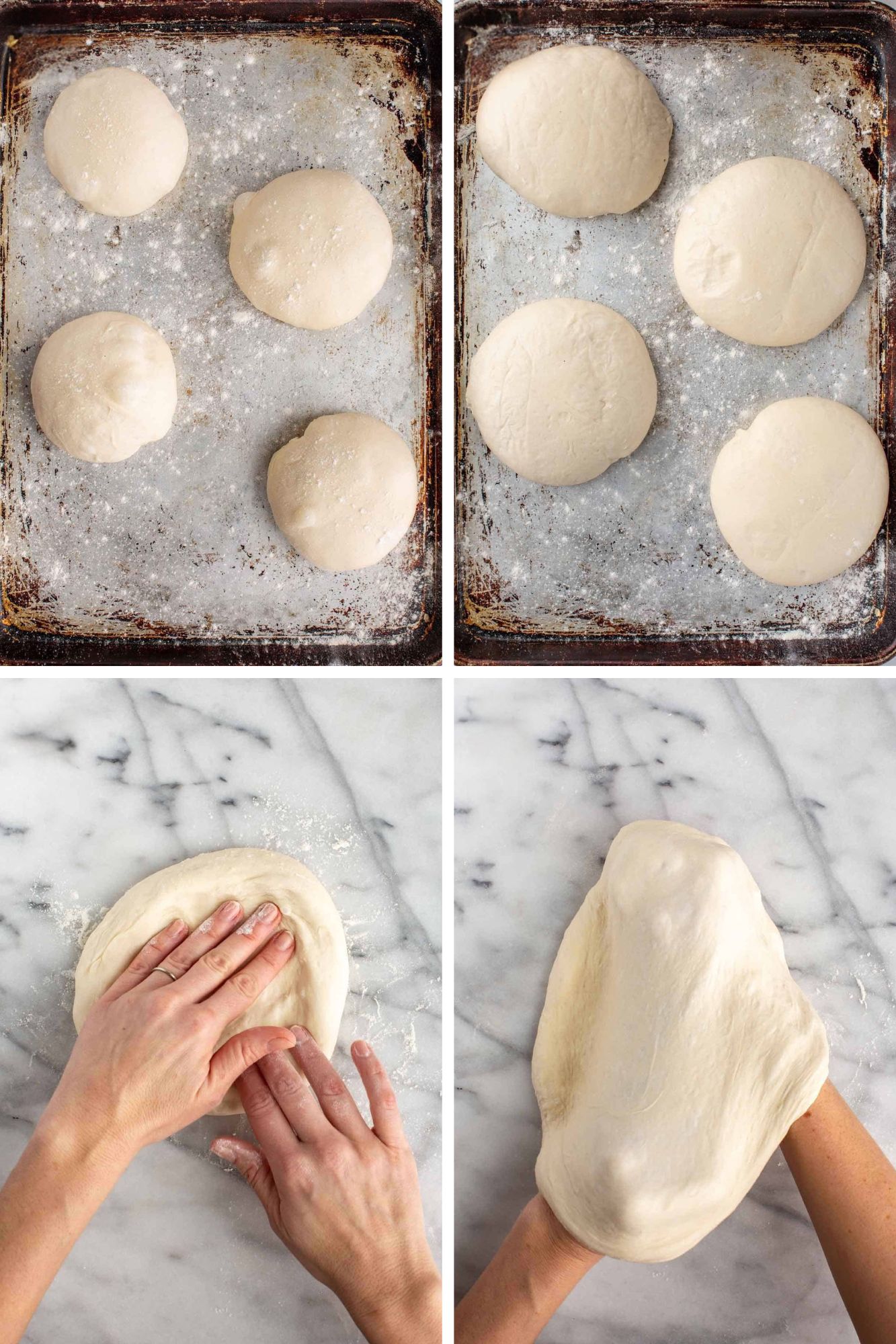 Four photos showing steps to make Neapolitan pizza dough including small dough balls rising on a lined baking sheet, close up of small balls of Neapolitan pizza dough, stretching pizza dough by hand, and using hands to stretch homemade Neapolitan pizza dough.