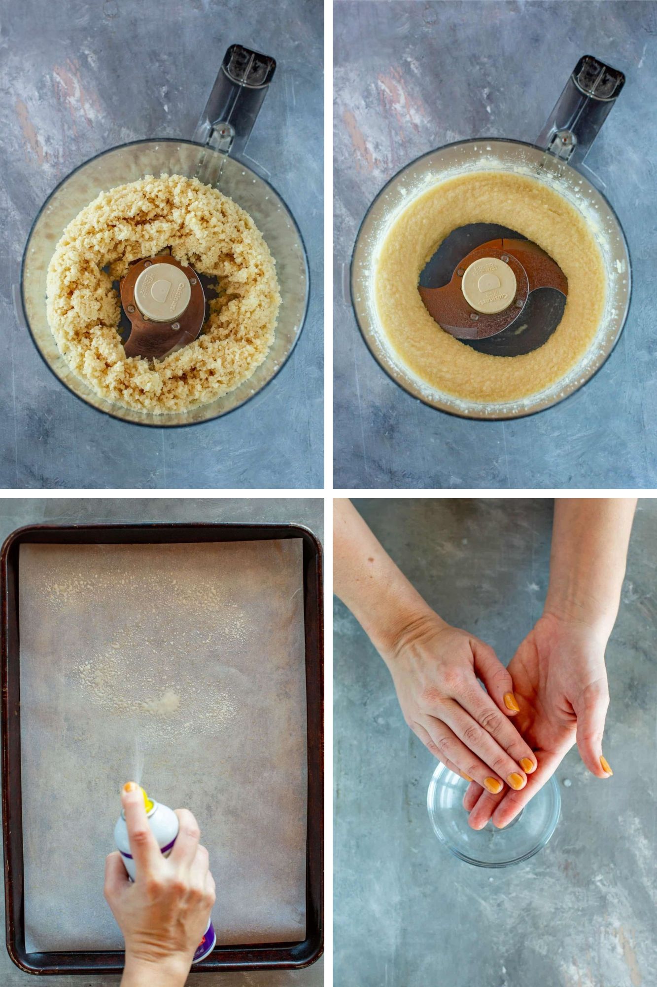 Photos to show the steps to make pignoli cookies including an overhead shot of a food processor with crumbled almond paste the texture of sand, food processor overhead shot of a food processor with smooth pignoli cookie dough, a hand spraying a baking sheet with cooking spray, and wetting hands over a bowl of water.