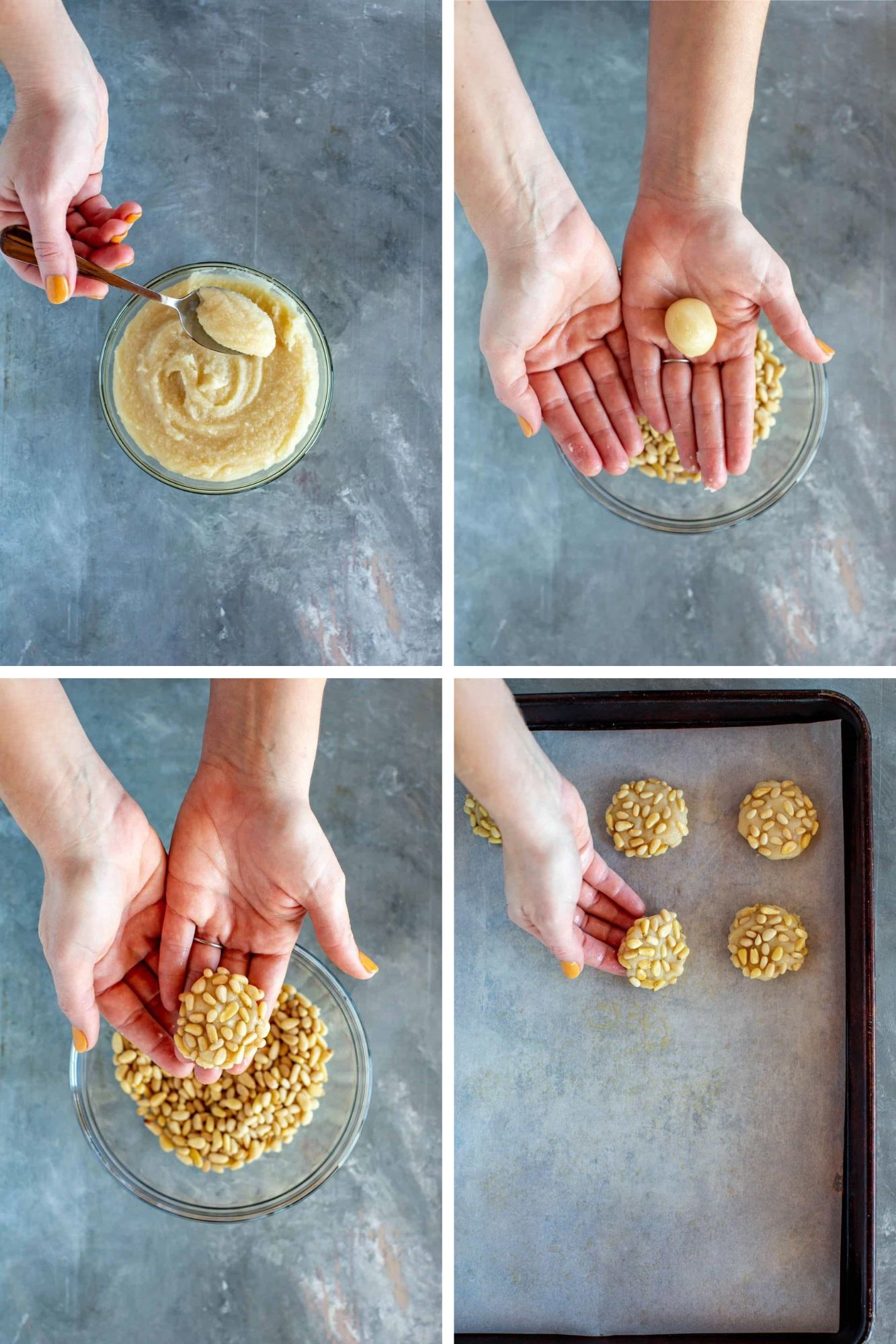 Photos to show the steps to make pignoli cookies including an overhead shot of a hand scooping out a spoon full of pignoli cookie dough, two hands revealing a ball of rolled pignoli cookie dough, two hands revealing a piece of cookie dough rolled in pine nuts, and a hand placing a raw pignoli cookie on a baking sheet.