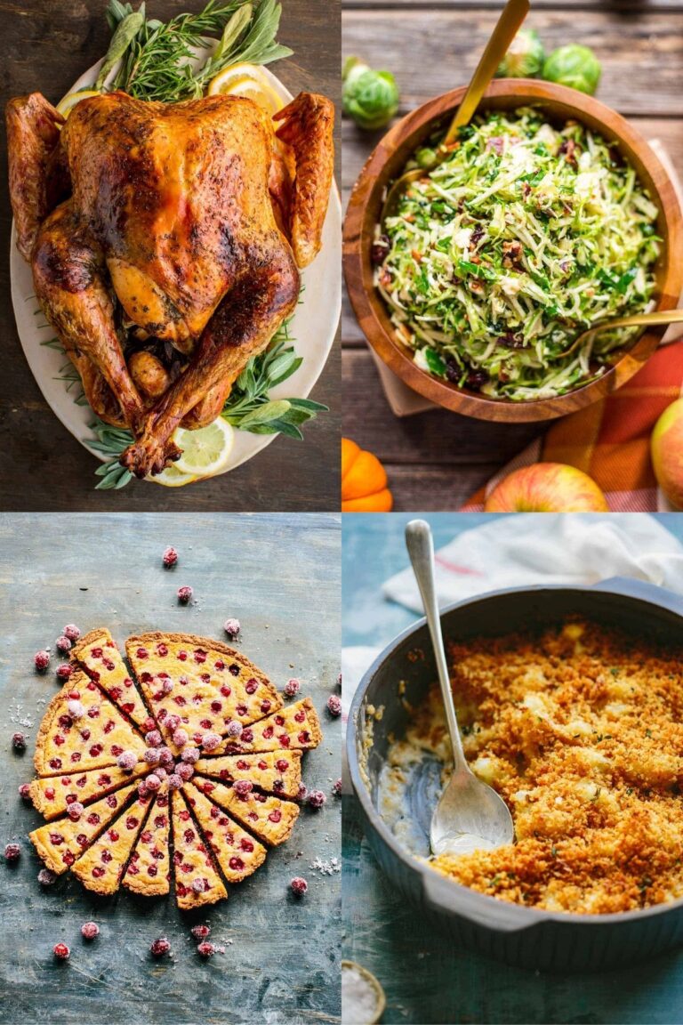 Four photos of Thanksgiving recipes including Brussels Sprout, Kale + Apple Salad with Sharp Cheddar + Bacon, Italian roasted turkey, Easy Cranberry Tart with Almond Frangipane, and Easy Baked Cauliflower Gratin.