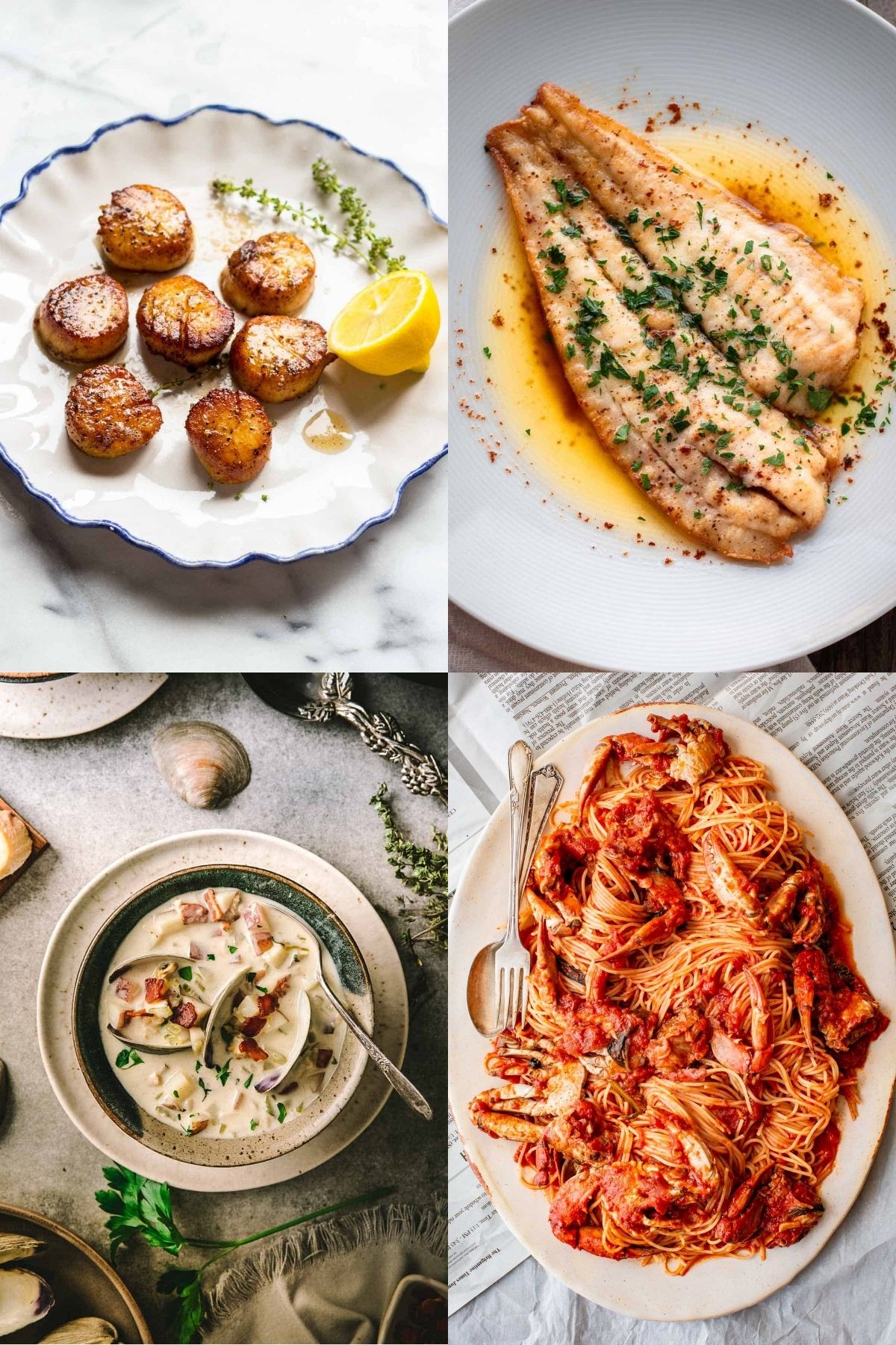 Four photos of Thanksgiving seafood recipes including pan seared scallops, flounder meuniere, clam chowder and crab gravy.