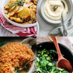 Four photos to show Thanksgiving side dishes including crispy roasted potatoes, parsnip and celery root puree, kale gratin and sauteed escarole.