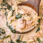 Close-up of a ladle scooping chicken Florentine soup with chunks of chicken, spinach, and orzo in creamy broth.