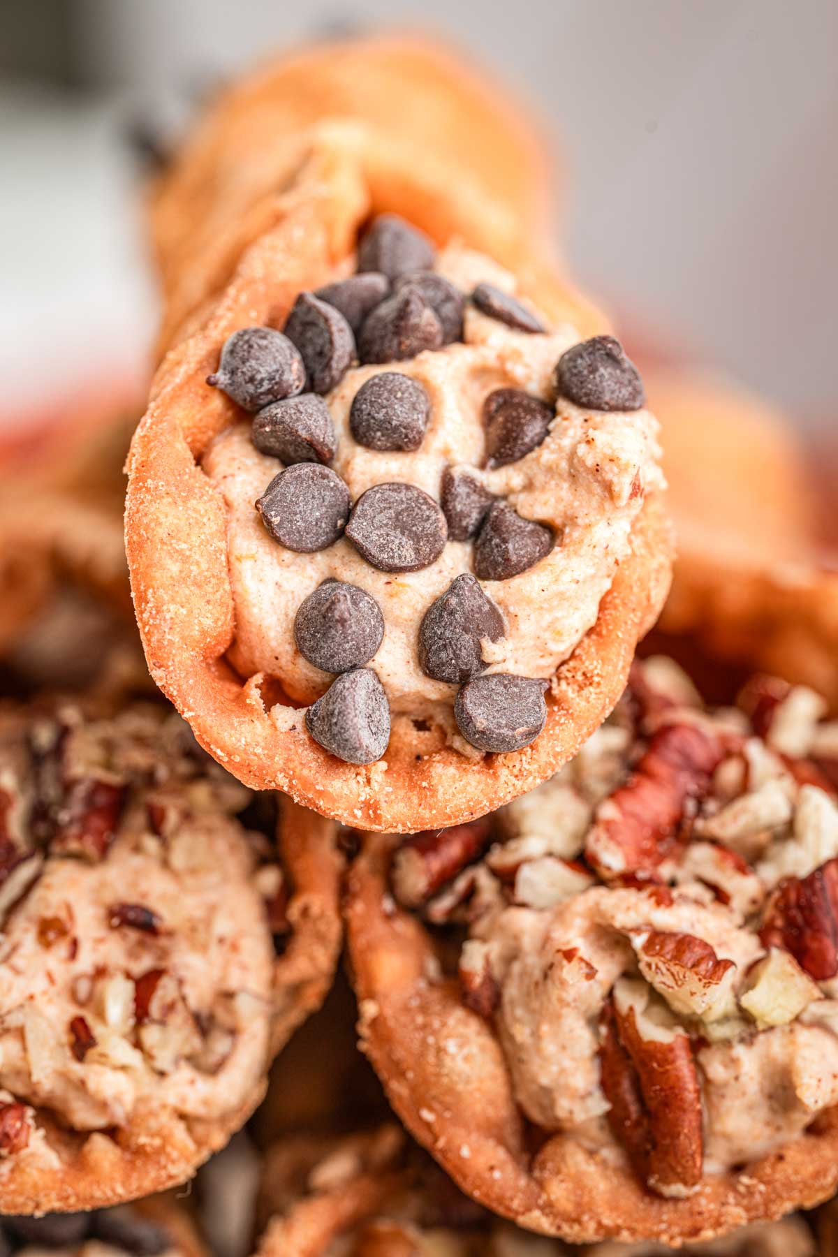 Close-up of a single cannoli filled with pumpkin ricotta mascarpone cream and topped with mini chocolate chips.