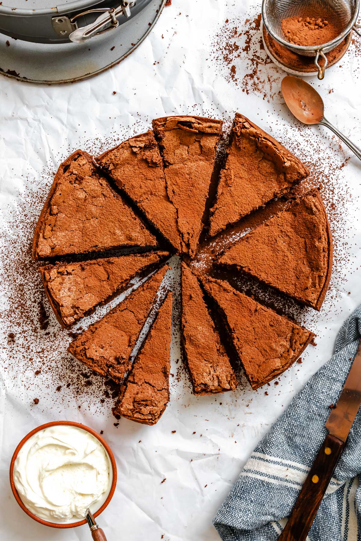 Overhead shot of sliced Torta Caprese dusted generously with cocoa powder, arranged on parchment with a bowl of whipped cream and a sieve nearby.