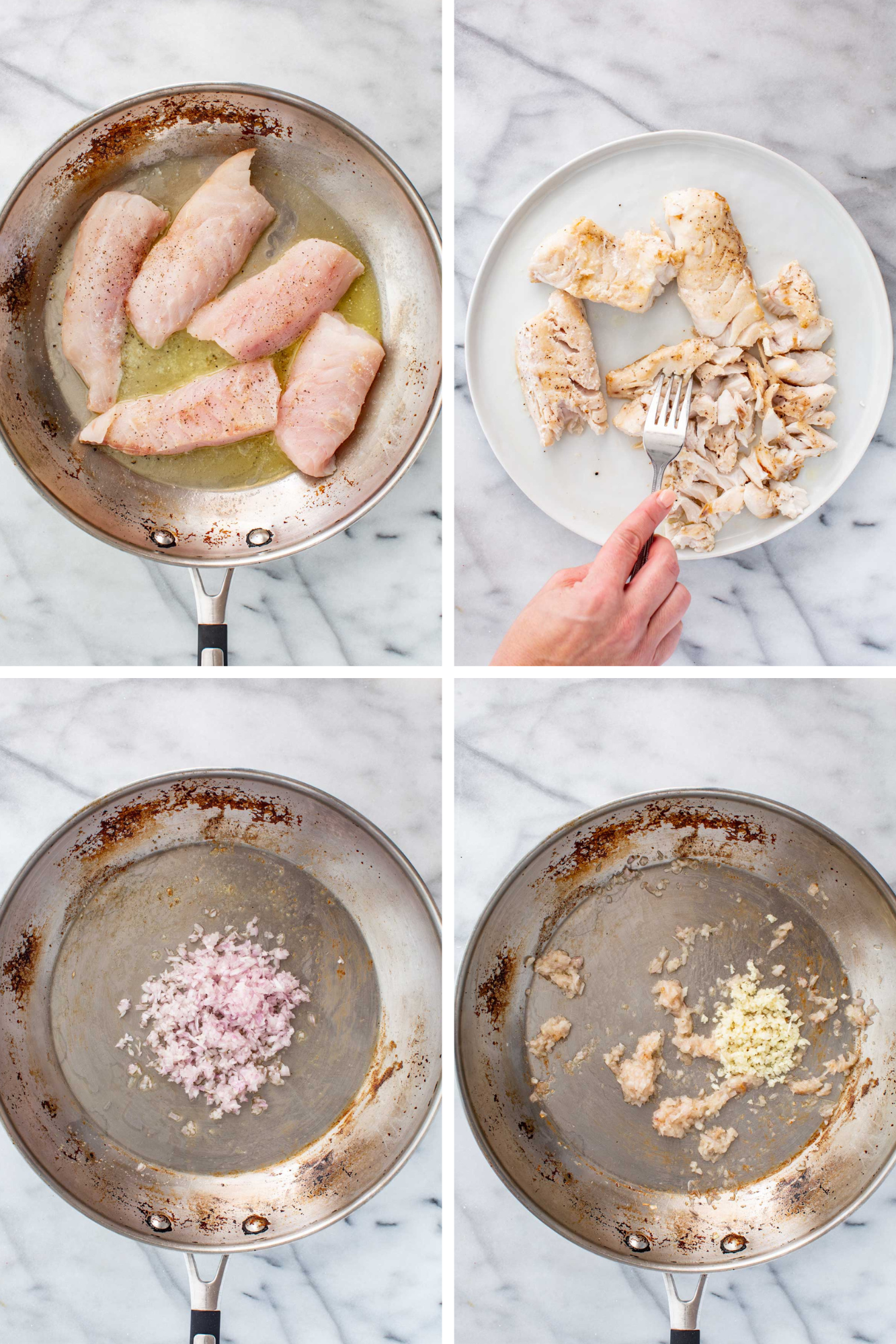 Four step by step images showing fish searing in a pan, flaking the cooked fish, sautéing shallots, then cooking garlic in the same pan.