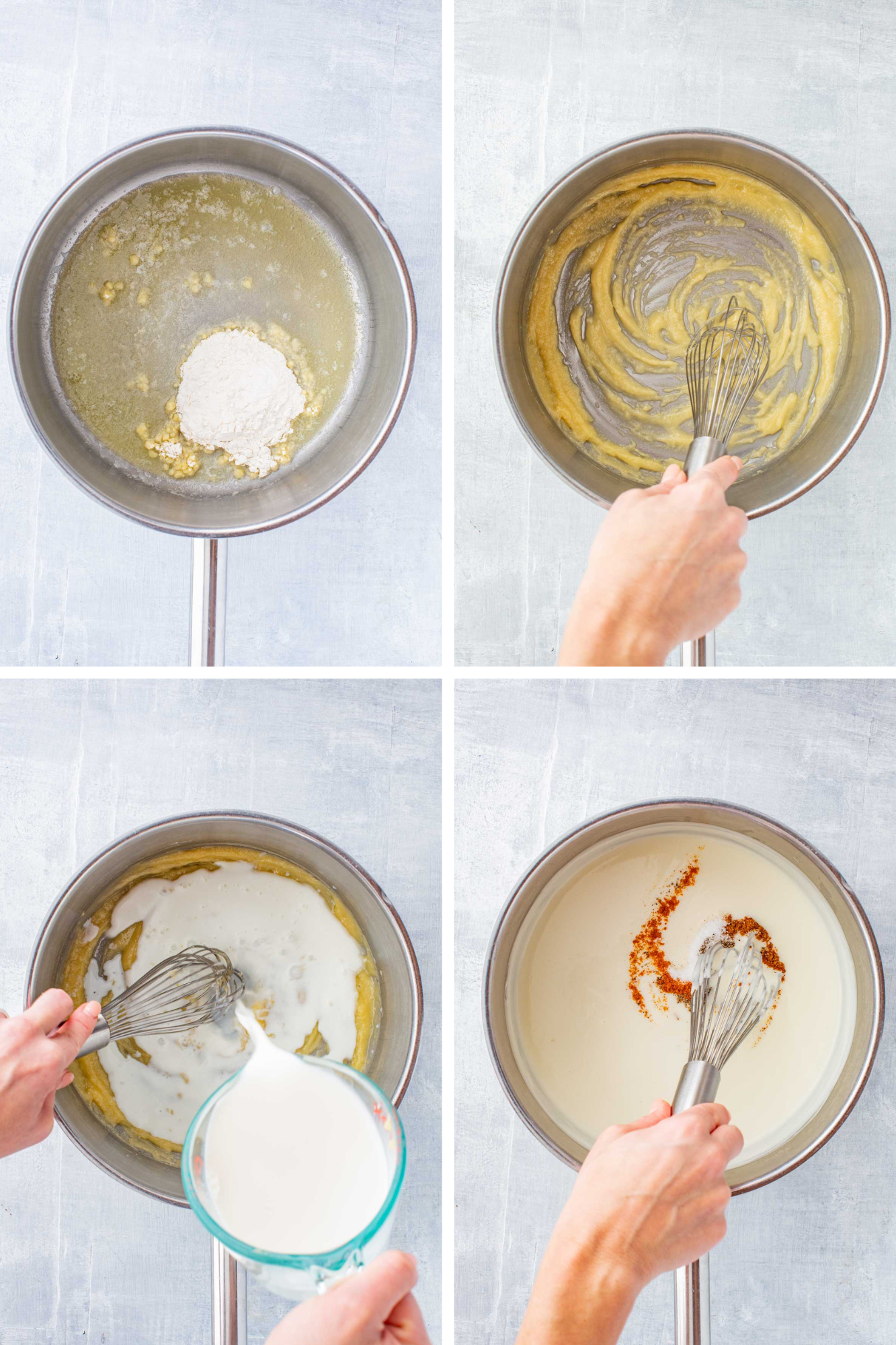 Four step-by-step images showing butter and flour melting into a roux in a saucepan and milk being whisked in.