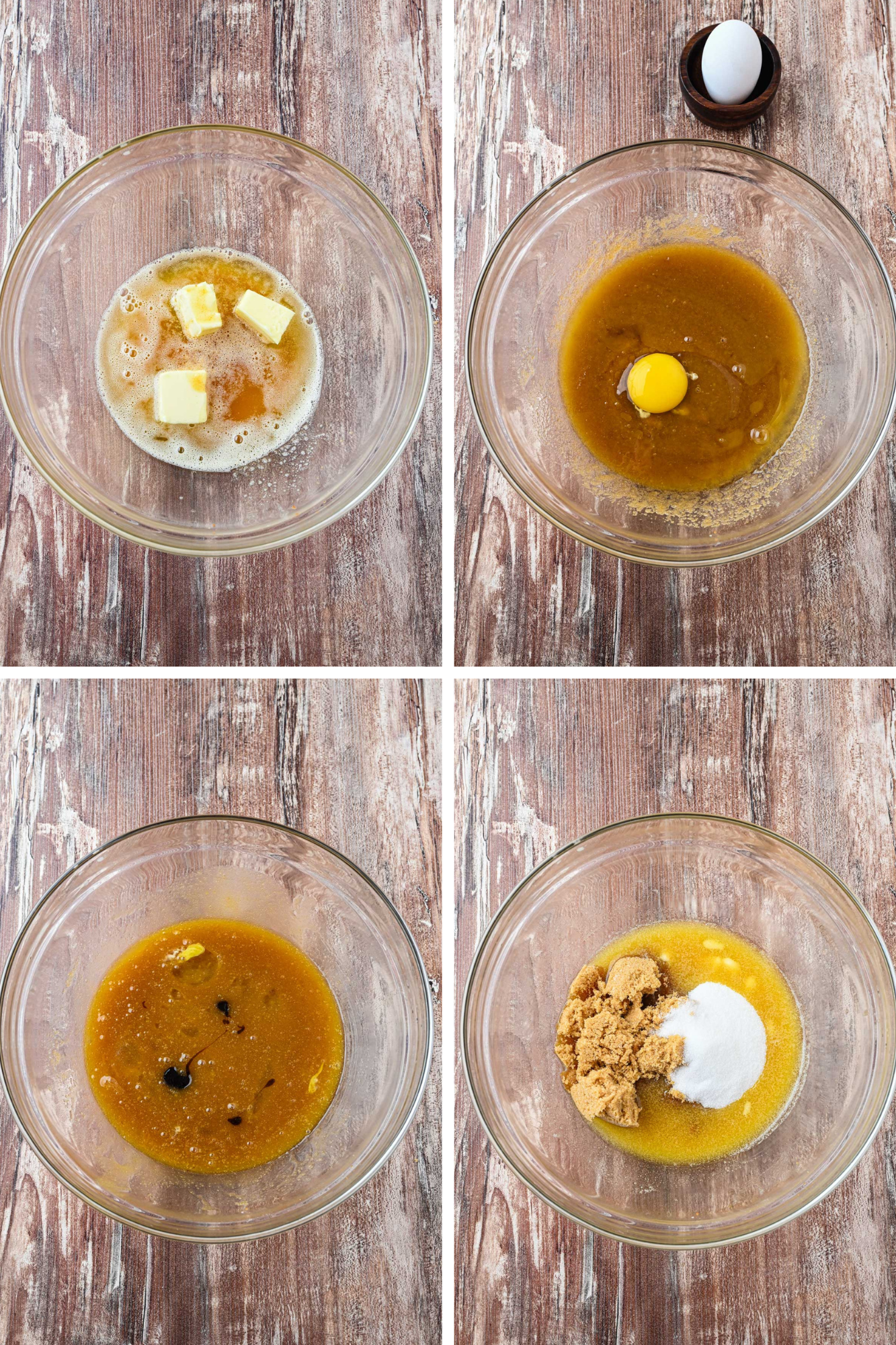 Four-step collage showing browned butter, the butter mixed with sugar, an egg added to the bowl and the mixture combined with vanilla.