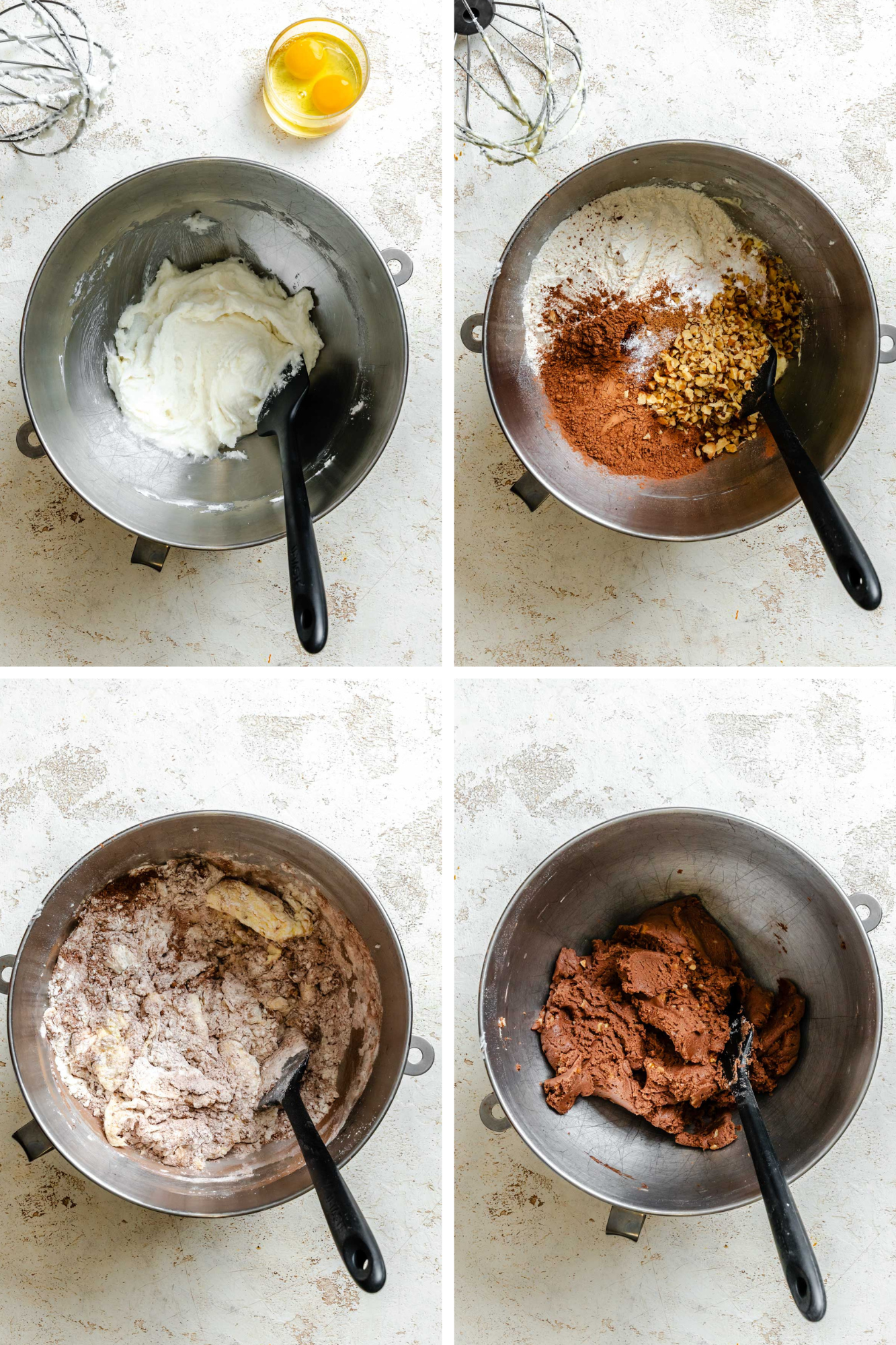 Four-step collage showing the process of making the chocolate spice cookie dough, from creaming shortening to adding dry ingredients, folding in walnuts, and mixing into a thick chocolate dough.