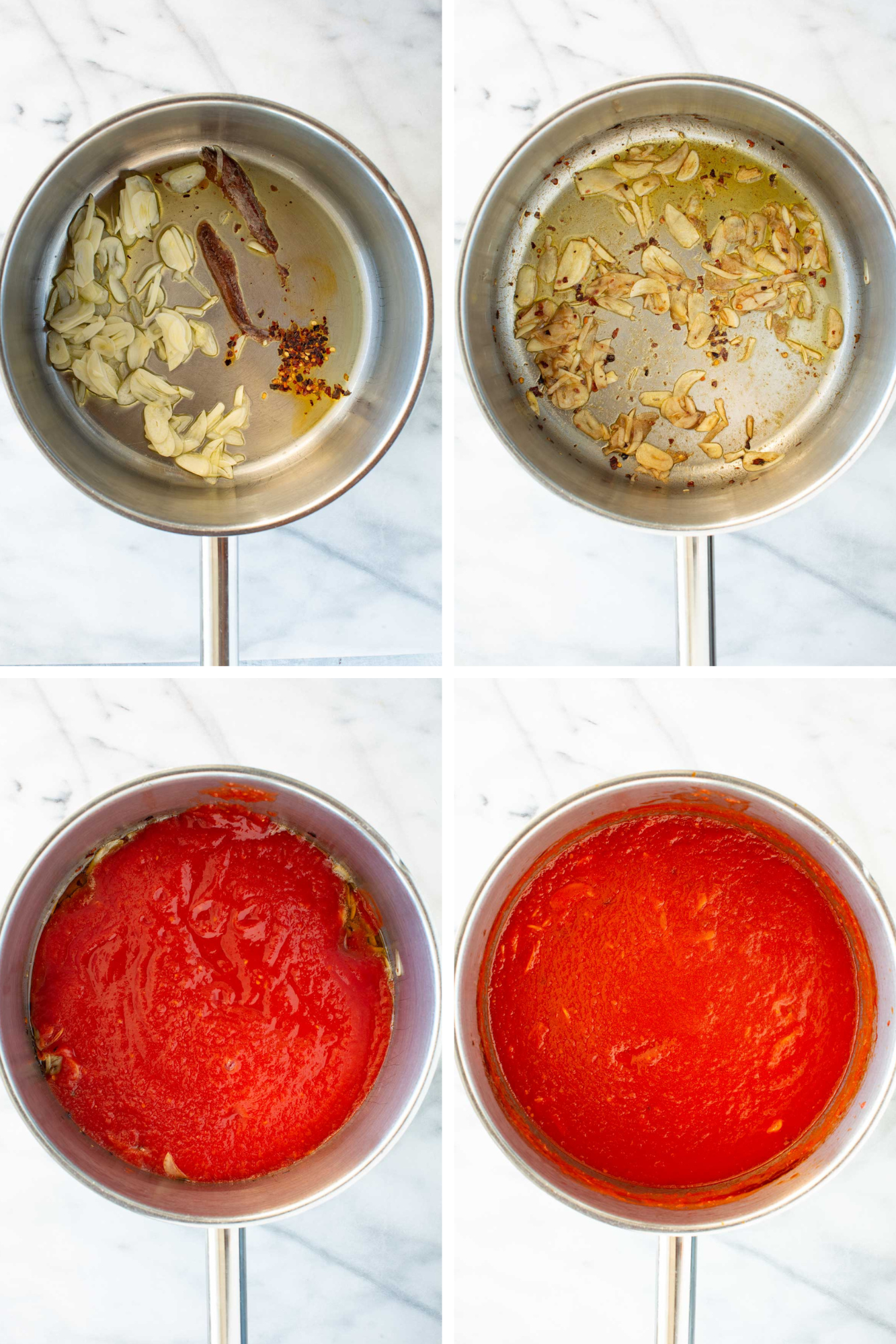 A four-panel image showing garlic, anchovies and red pepper flakes cooking in olive oil, followed by crushed tomatoes added to the pan and simmered into a smooth marinara sauce.