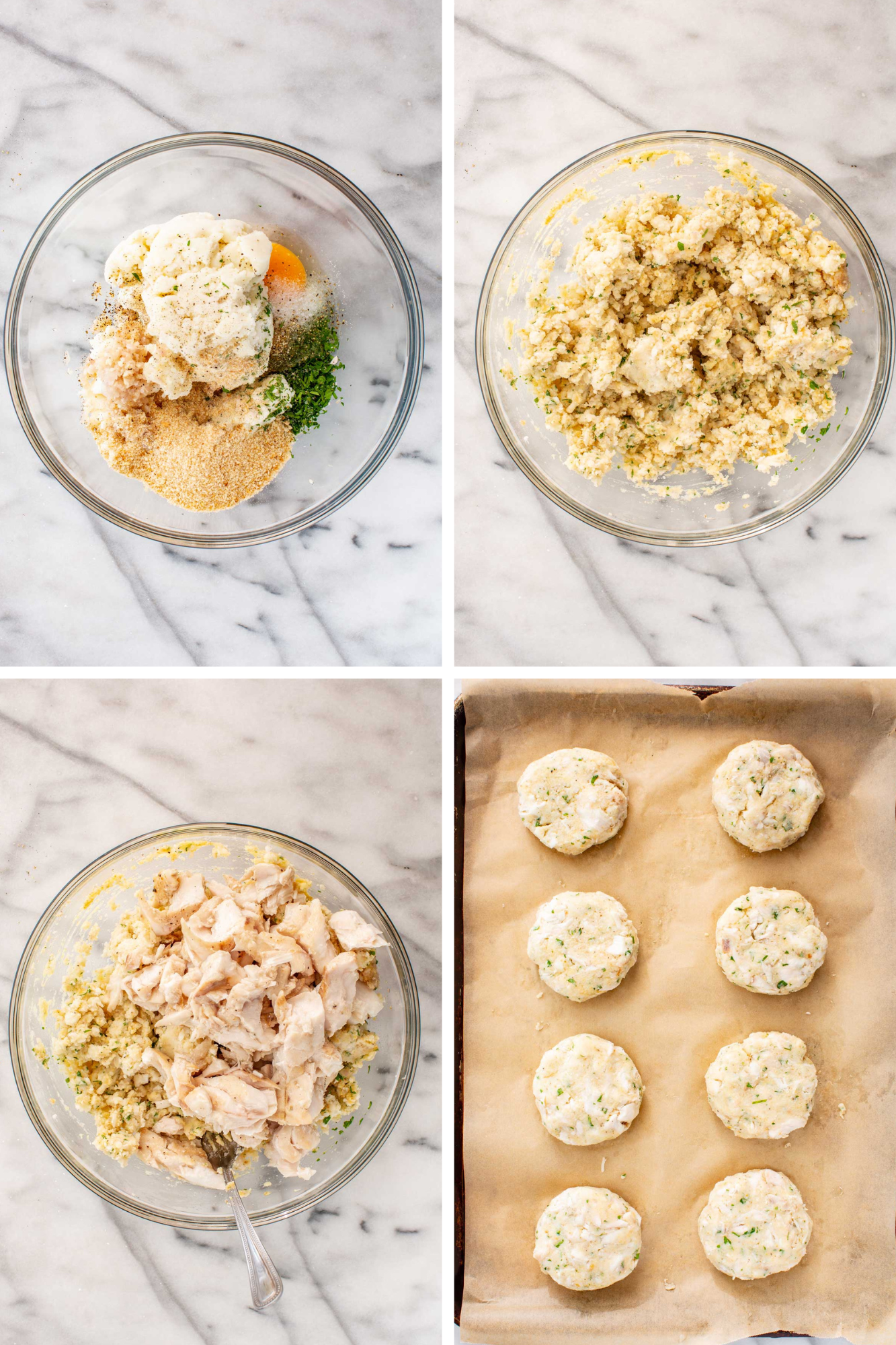 Four step by step images showing mashed potatoes, breadcrumbs and seasonings mixed in a bowl, adding flaked fish, then shaping the mixture into patties on a parchment lined tray.