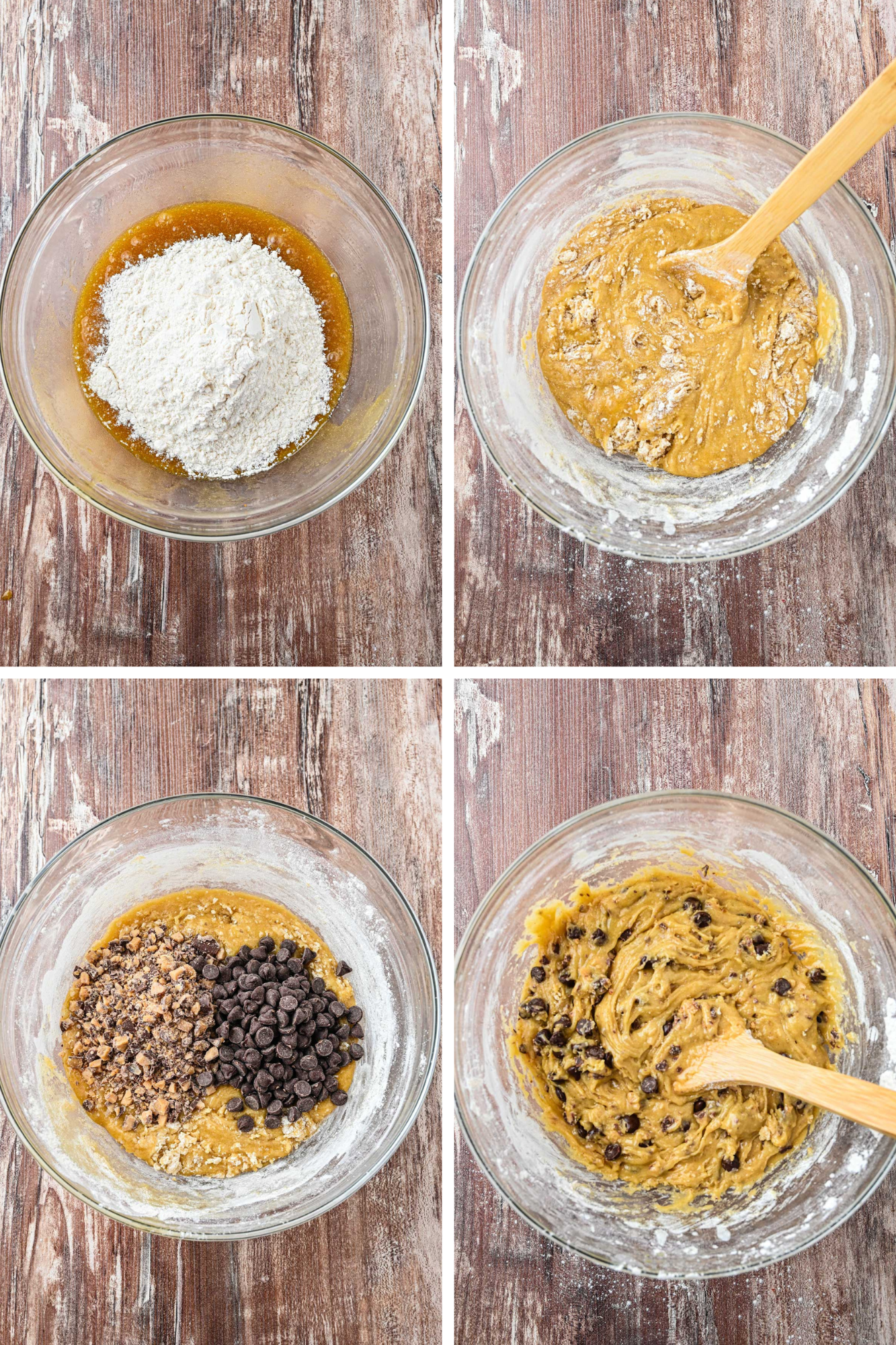 Four-step collage showing flour added to the wet mixture, the batter partially mixed, chocolate chips and toffee bits added and the batter fully combined.