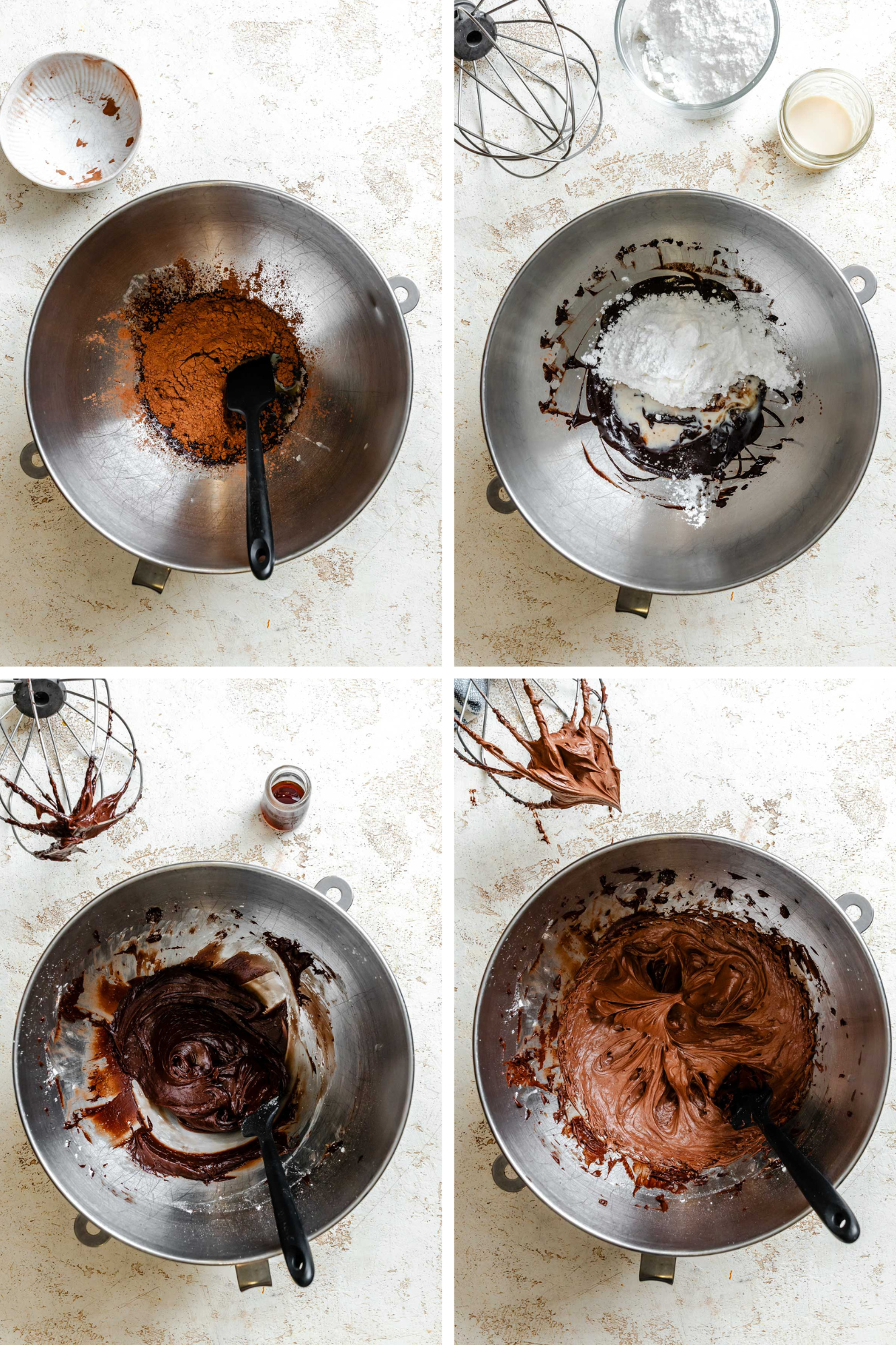 Four-step collage showing cocoa in a bowl, then adding powdered sugar and milk, mixing into a glossy chocolate frosting, and whipping until smooth and fluffy.