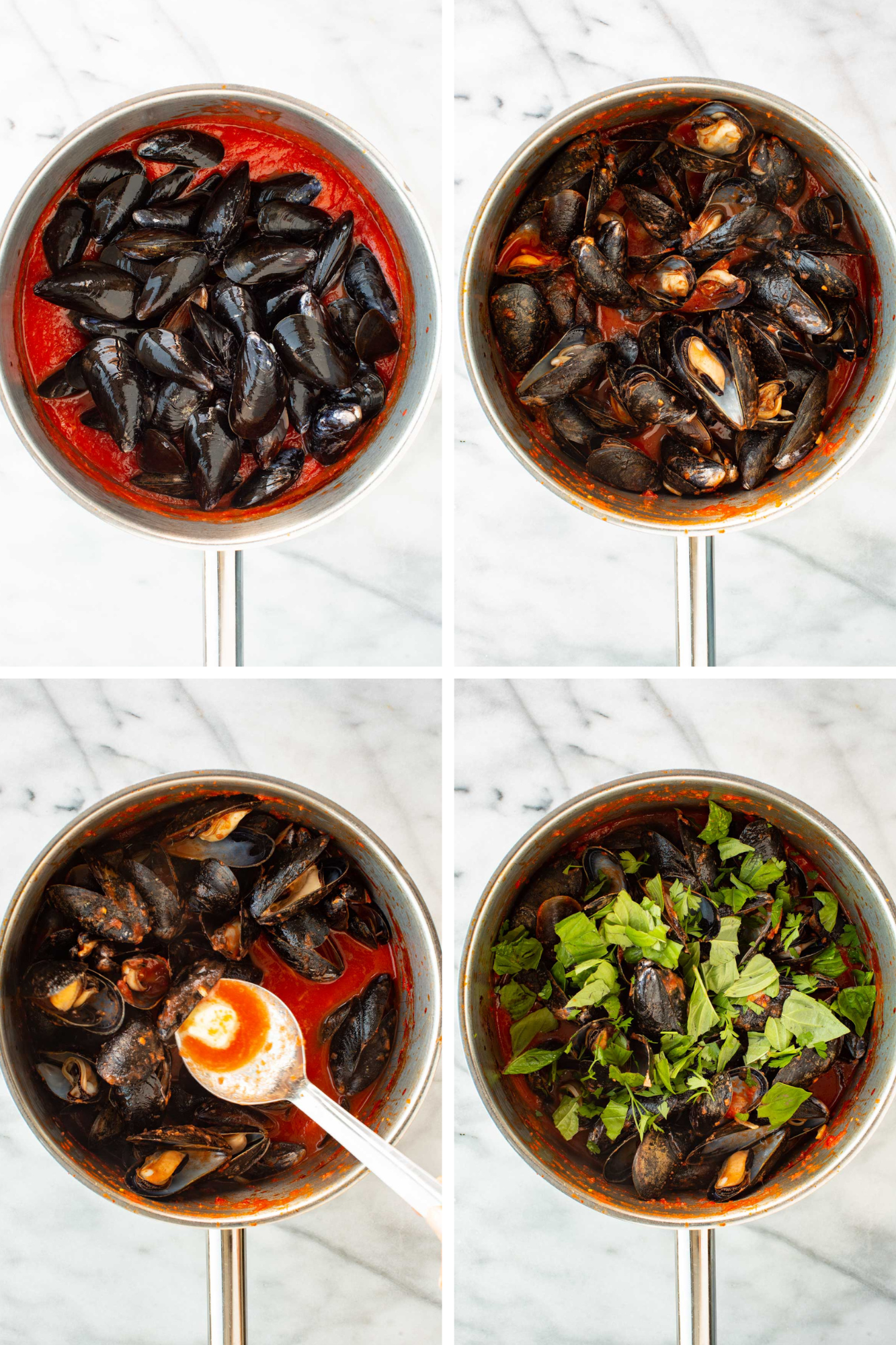 A four-panel image showing fresh mussels added to the marinara sauce, then steamed open, spooned through the broth and finished with fresh basil and parsley.