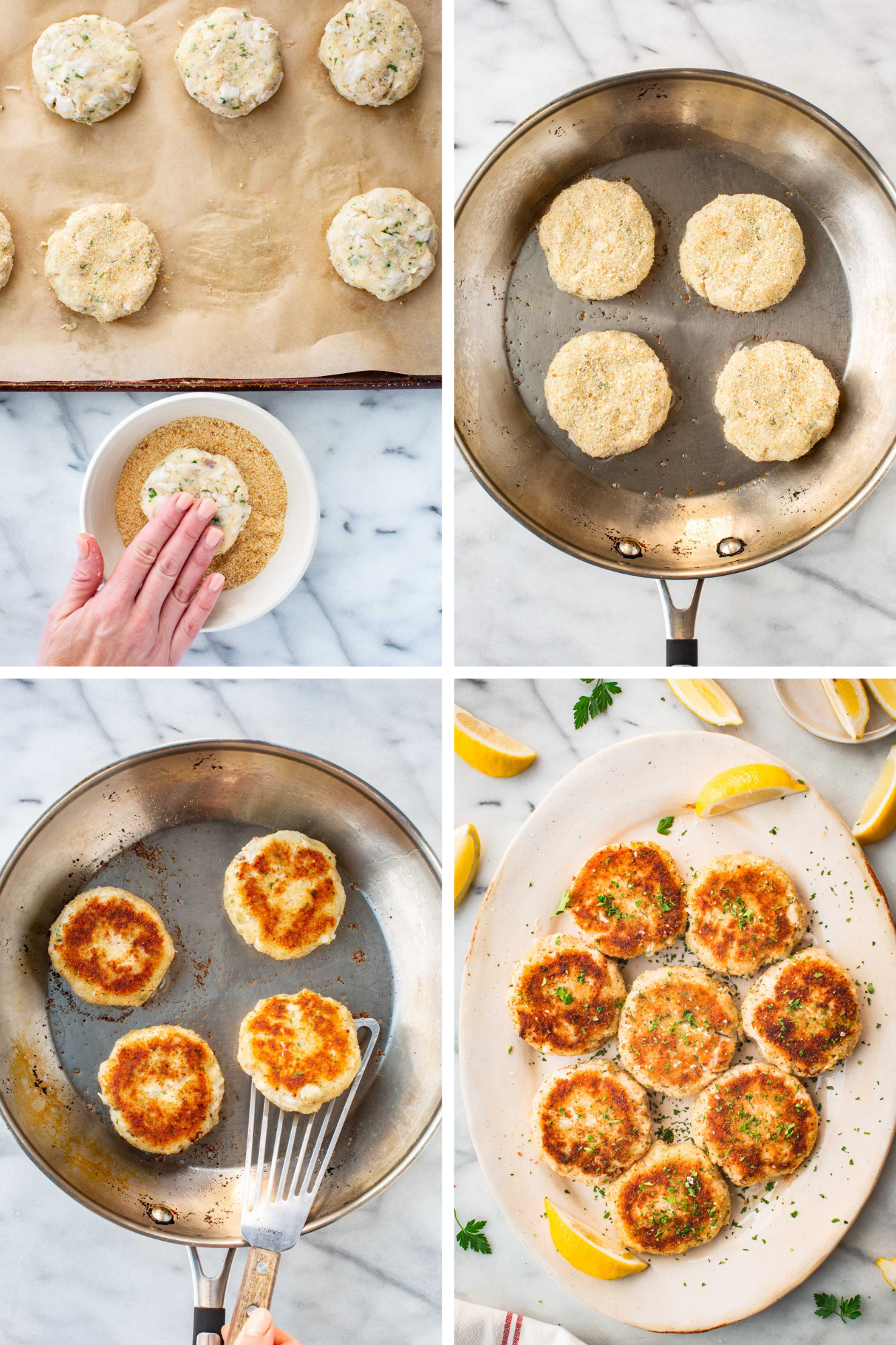 Four step by step images showing patties being coated in breadcrumbs, frying in a pan until crisp and golden, then plated with lemon wedges.