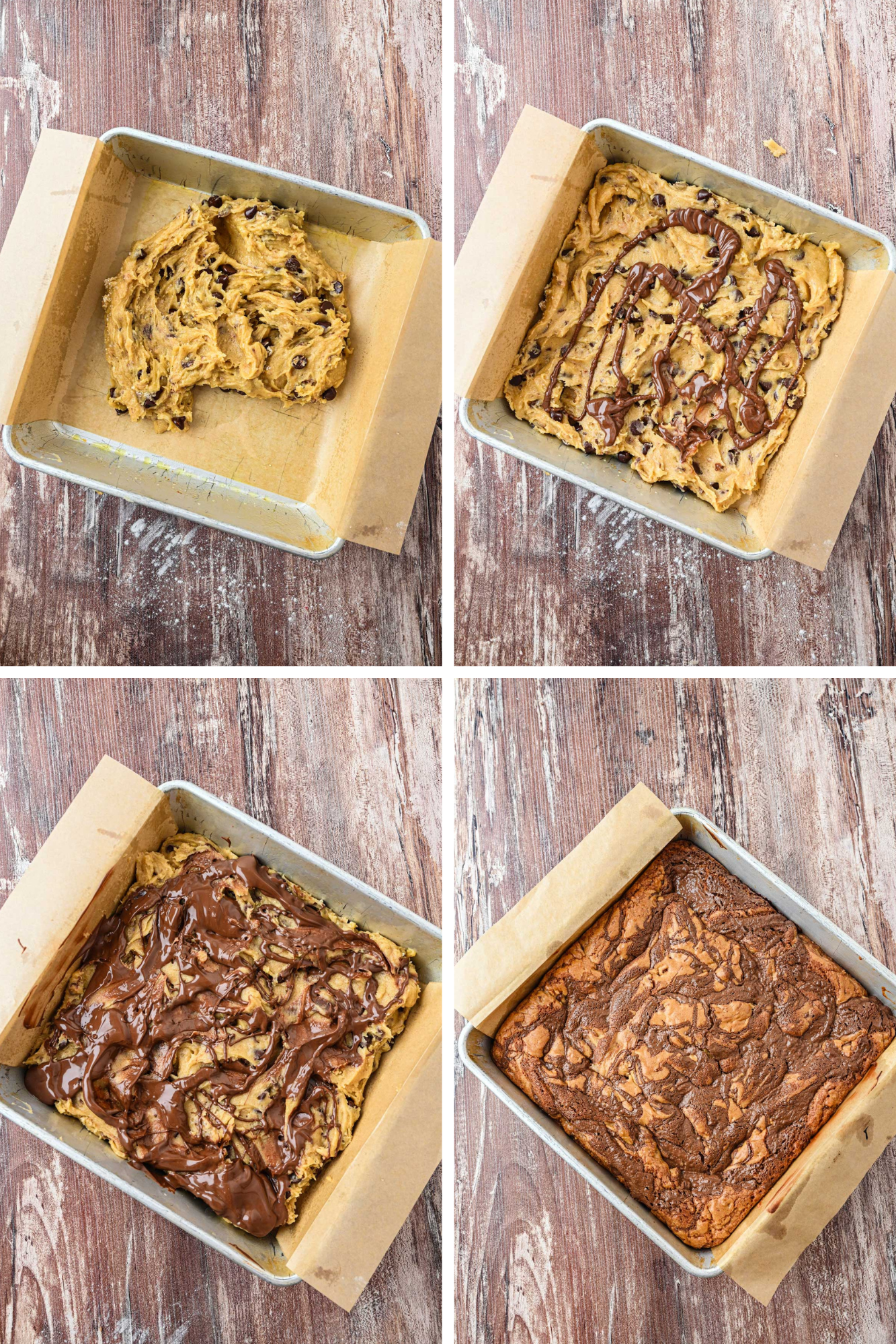 Four-step collage showing the first layer of batter in the pan, Nutella drizzled over the batter, the top layer swirled with Nutella and the blondies fully baked in the pan.