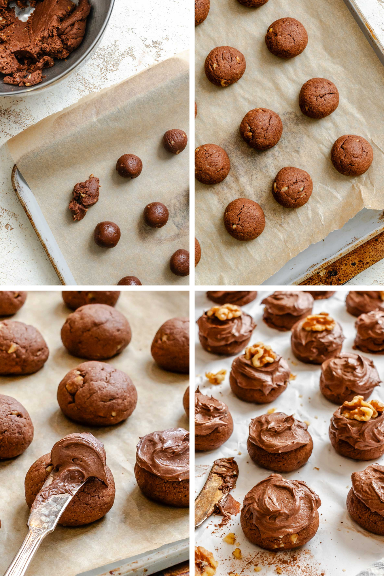 Four-step collage showing rolling the dough into balls on parchment, baked cookies on the tray, spreading chocolate frosting on top, and a tray of fully frosted cookies with optional walnut toppings.