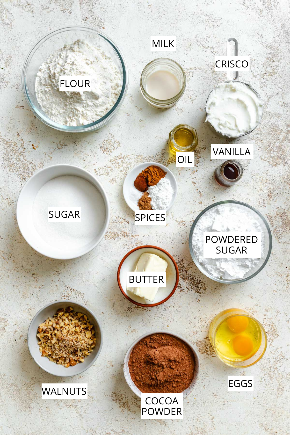 Overhead view of labeled ingredients including flour, sugar, cocoa powder, spices, eggs, butter, Crisco, oil, milk, vanilla, powdered sugar, and walnuts.