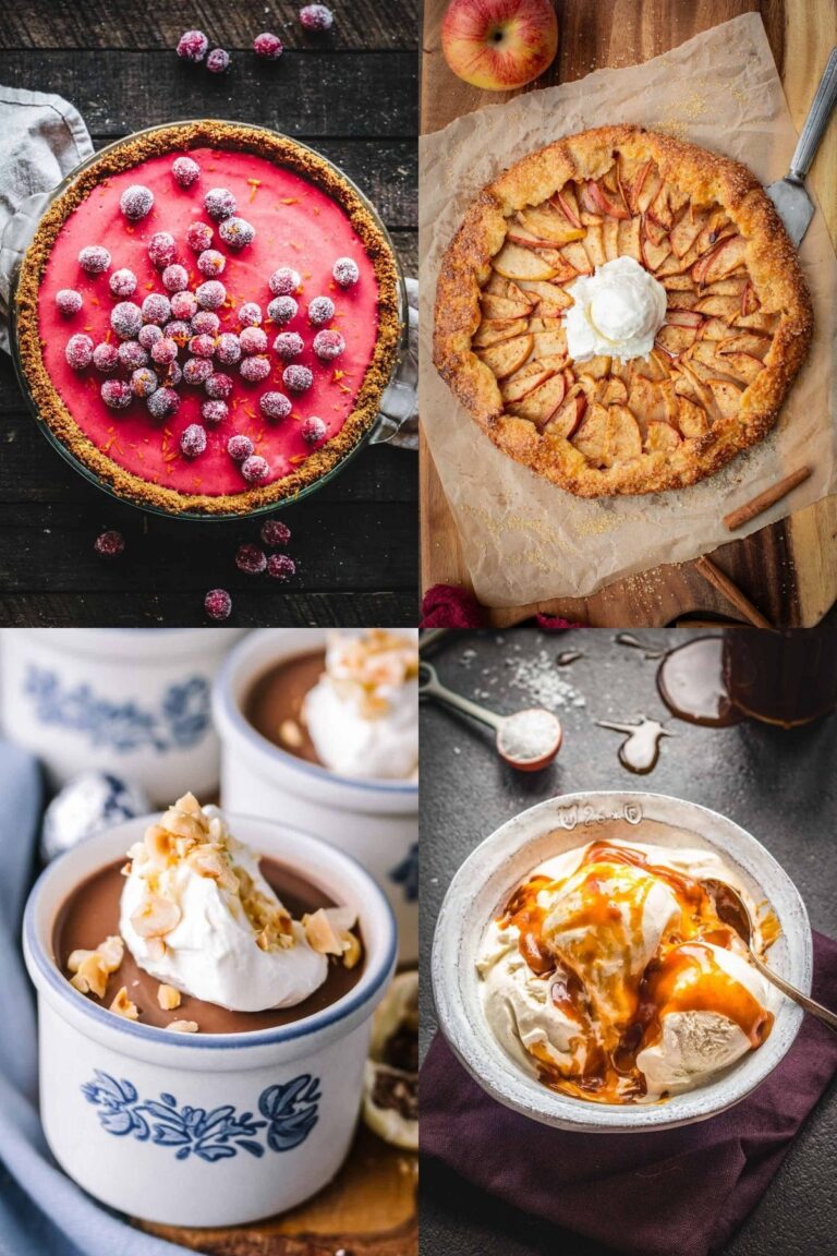 Four photo collage to show Thanksgiving dessert recipes, including a creamy cranberry pie, apple crostata, hazelnut panna cotta, and salted caramel topping.