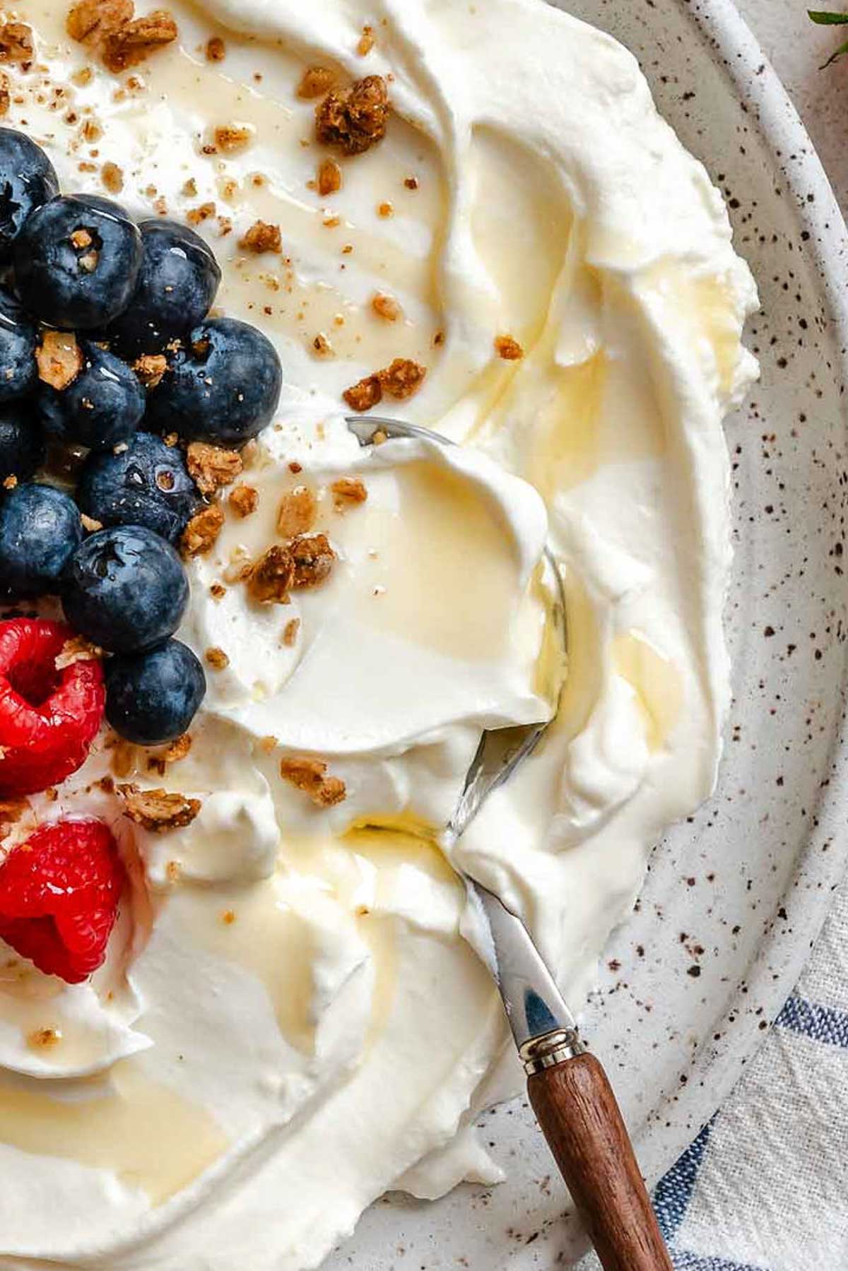 Close-up of creamy strained Greek yogurt topped with blueberries, raspberries, and granola.