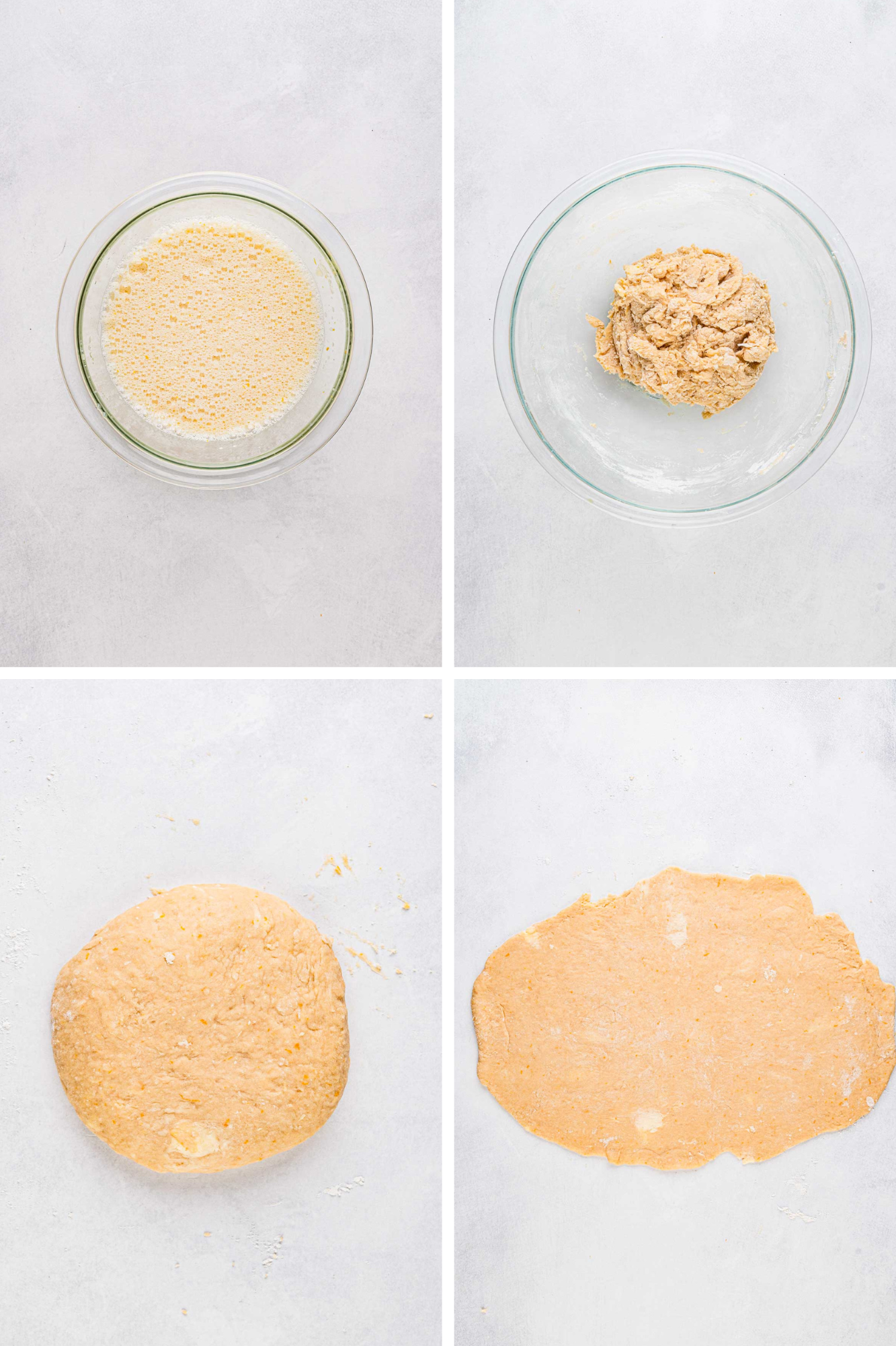 Four step collage showing the wet ingredients whisked in a bowl, the dough just beginning to come together, the smooth rested dough, and the dough rolled out on the counter.