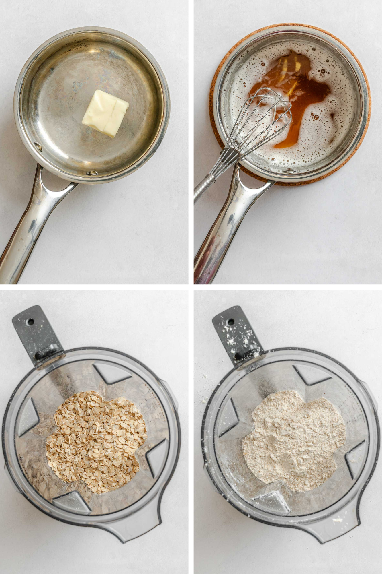 Composite image showing butter melting and browning in a saucepan, oats being blended into flour, waffle batter mixing in a blender, and a waffle cooking in a waffle iron.