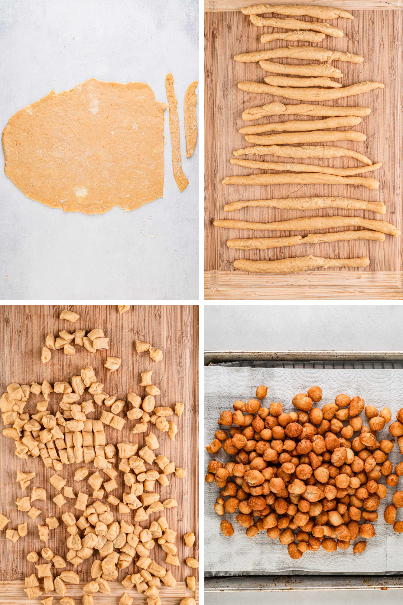 Four step collage showing the dough rolled into long ropes, cut into small pieces, the pieces spread out before frying and the fried dough balls draining on paper towels.