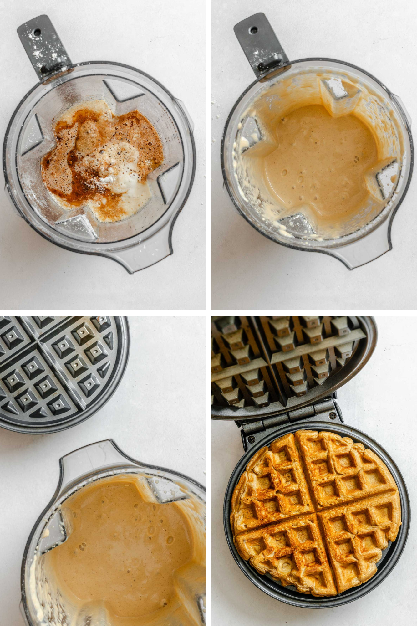 Composite image showing oatmeal waffle batter blended smooth in a blender, the waffle iron preheating, and a waffle cooking until golden.