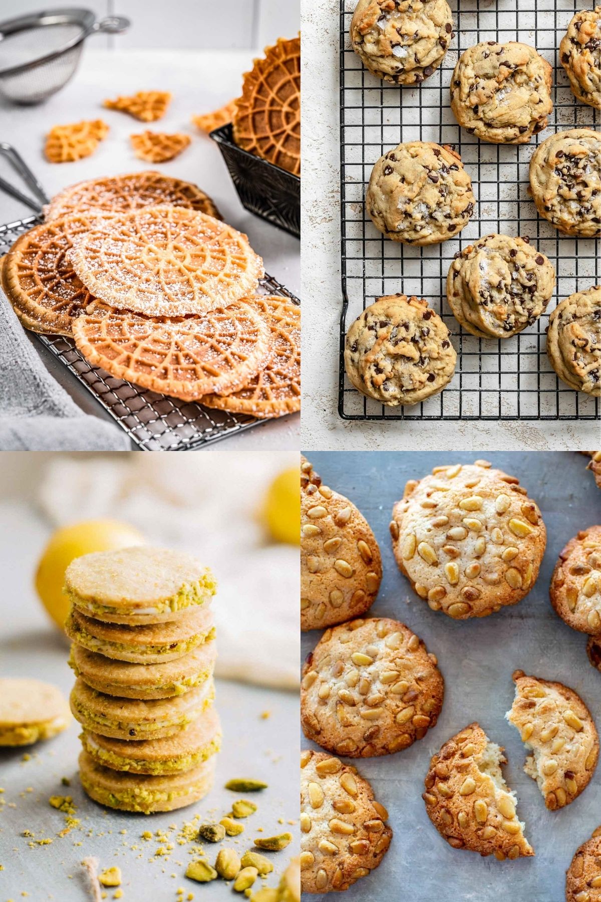 Four photos to show a roundup of the best Christmas cookie recipes, including pizzelles, brown butter chocolate chip, lemon pistachio and Italian pignoli.