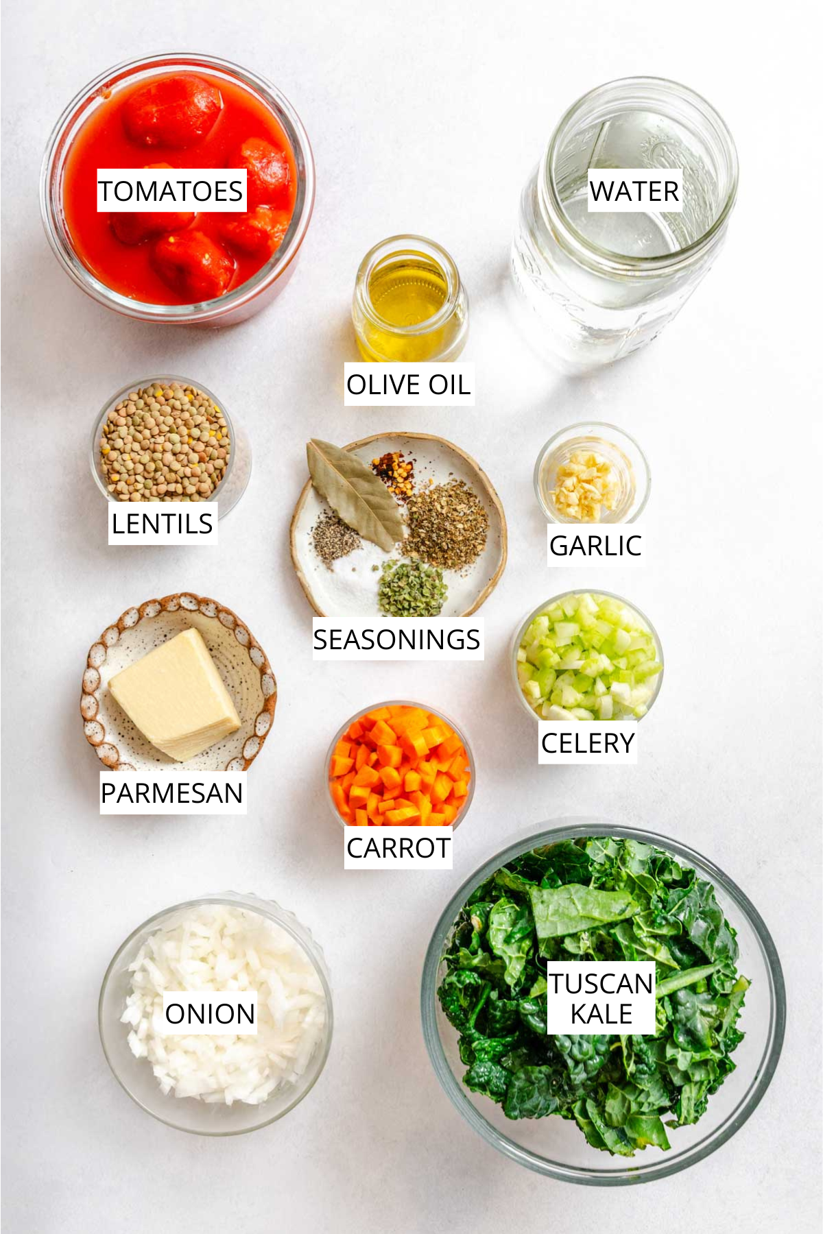 An overhead layout of the ingredients for Italian lentil soup, including lentils, tomatoes, kale, vegetables, Parmesan and seasonings.