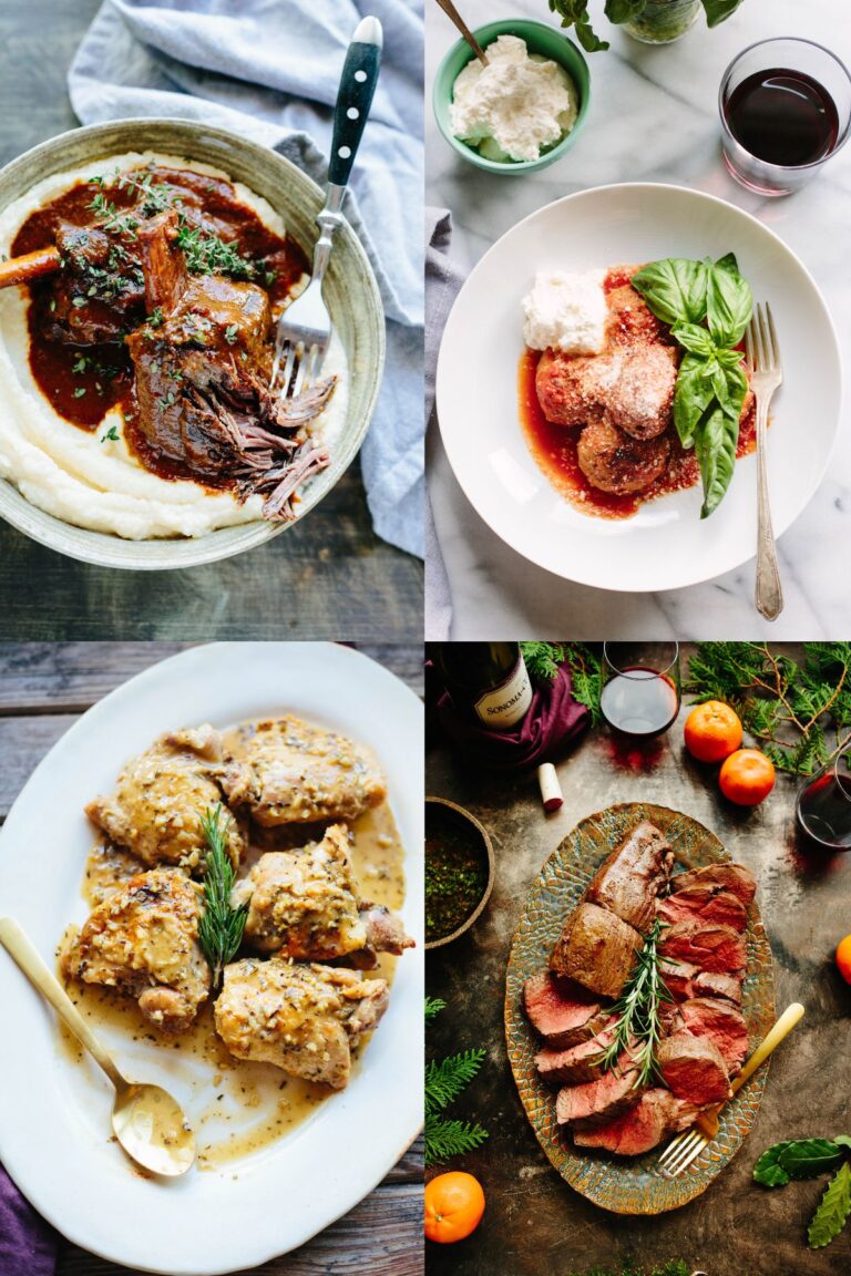 Four pictures of Italian dinner recipes including Oven Roasted Whole Beef Tenderloin, braised short ribs, classic meatballs and chicken cacciatore.