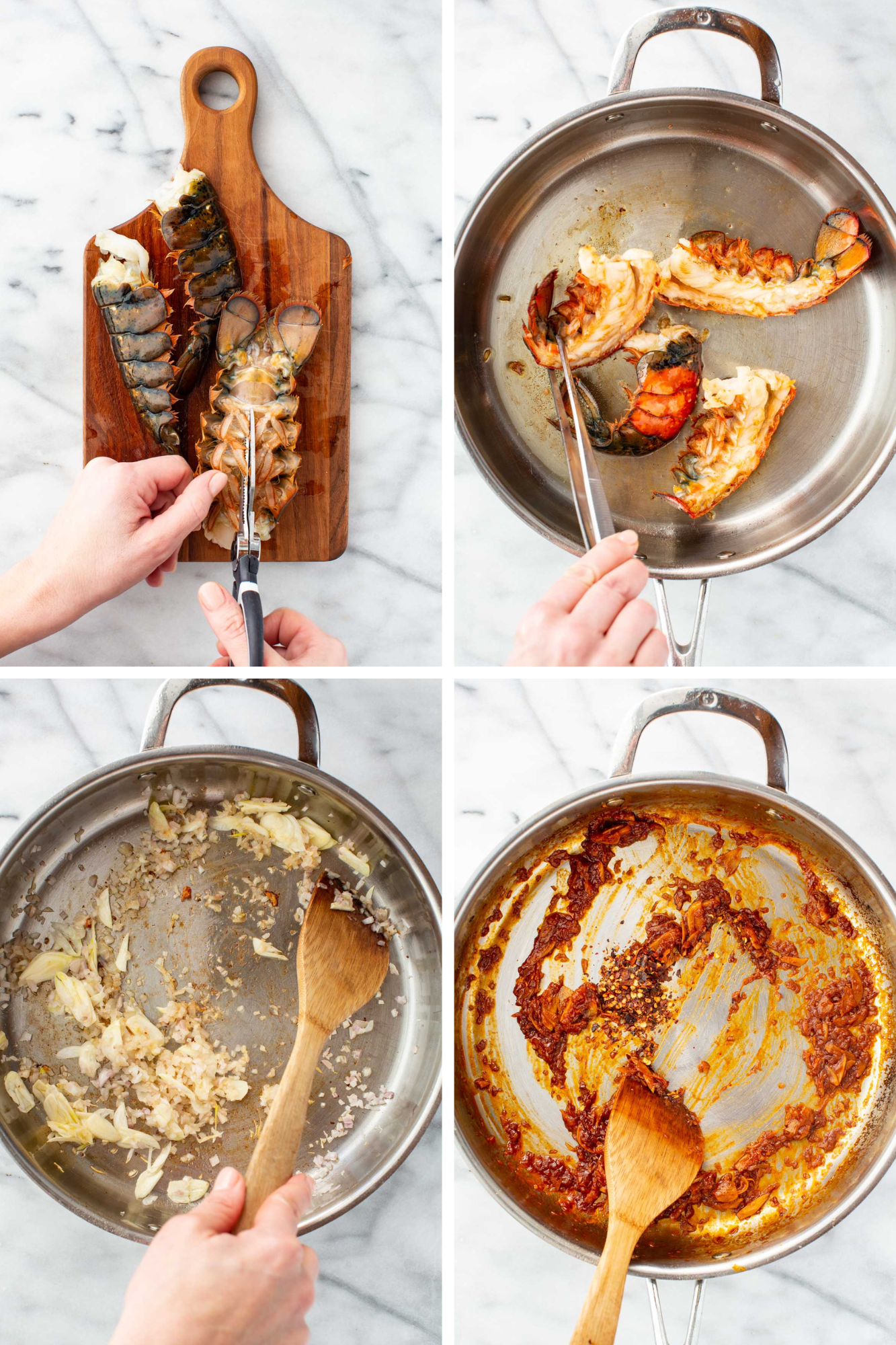 Four step process showing lobster tails being split on a cutting board, lobster shells browning in a pan, chopped shallots and garlic saut&eacute;ing, and tomato paste cooking down with chili flakes.