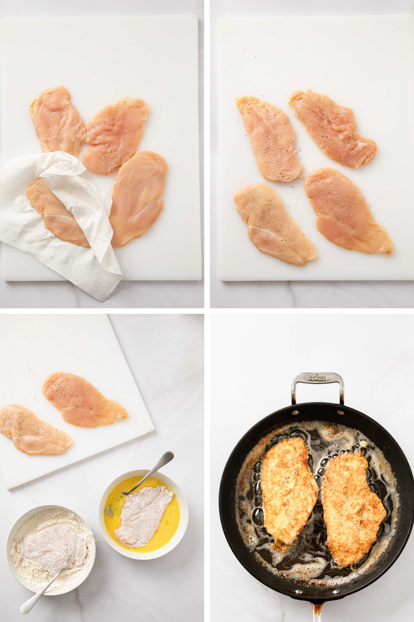 Four step process showing chicken breasts being patted dry, seasoned on a cutting board, dredged in flour and egg, and pan fried until golden brown.