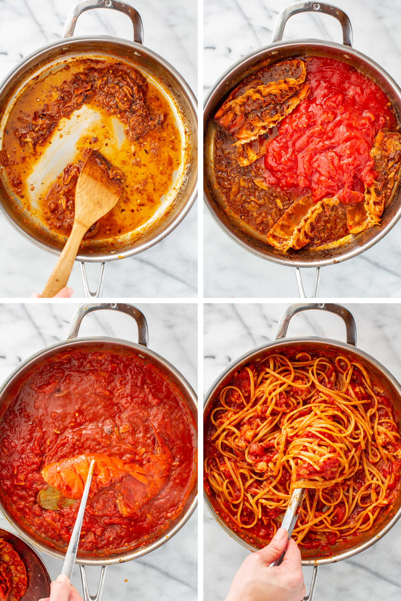 Four step process showing lobster shells simmering with tomatoes and liquids, the sauce thickening in the pan, lobster meat cooking in the sauce, and spaghetti tossed with the finished lobster fra diavolo.