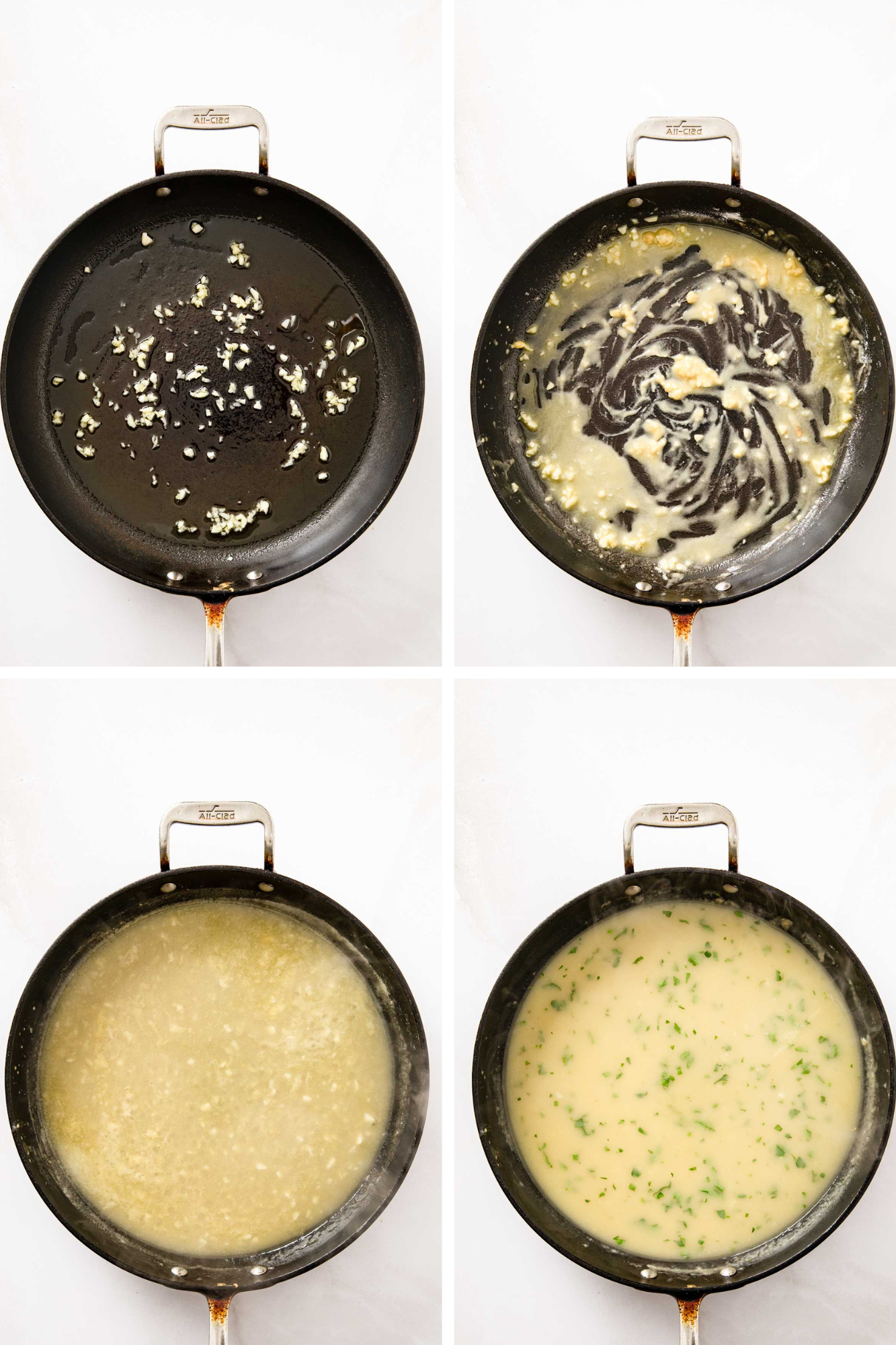 Four step process showing garlic sautéing in olive oil, butter melting into the pan, chicken stock and lemon juice simmering, and parsley stirred into the finished sauce.