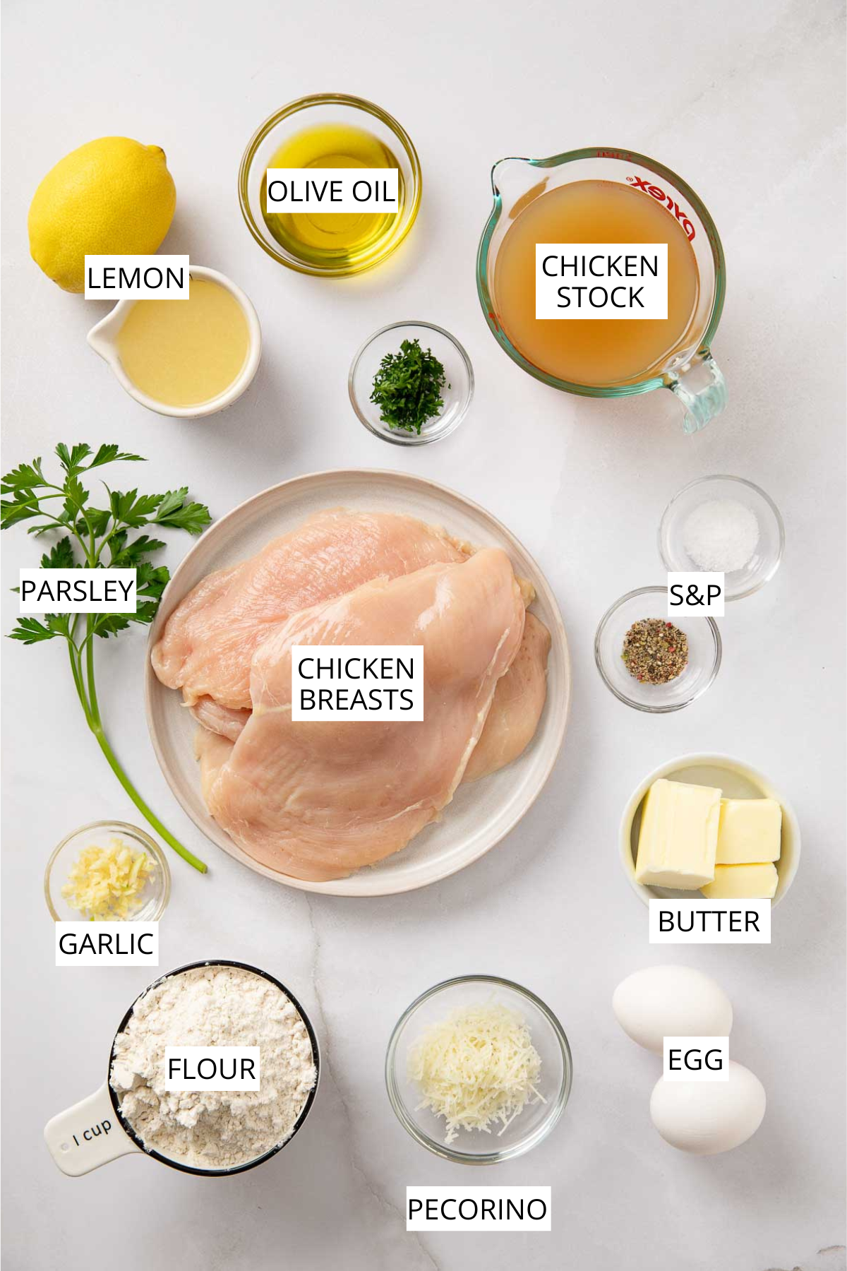 Overhead layout of chicken francaise ingredients including chicken breasts, lemon, olive oil, chicken stock, parsley, garlic, flour, eggs, butter, Pecorino Romano, salt, and pepper on a light surface.