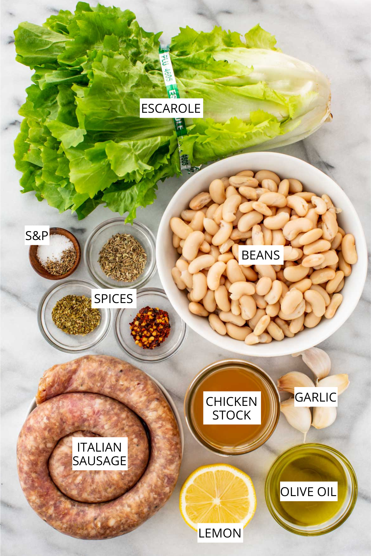 Overhead view of labeled ingredients including escarole, cannellini beans, Italian sausage, chicken stock, garlic, olive oil, lemon, salt and pepper, dried oregano, fennel seed, and red pepper flakes arranged on a marble surface.