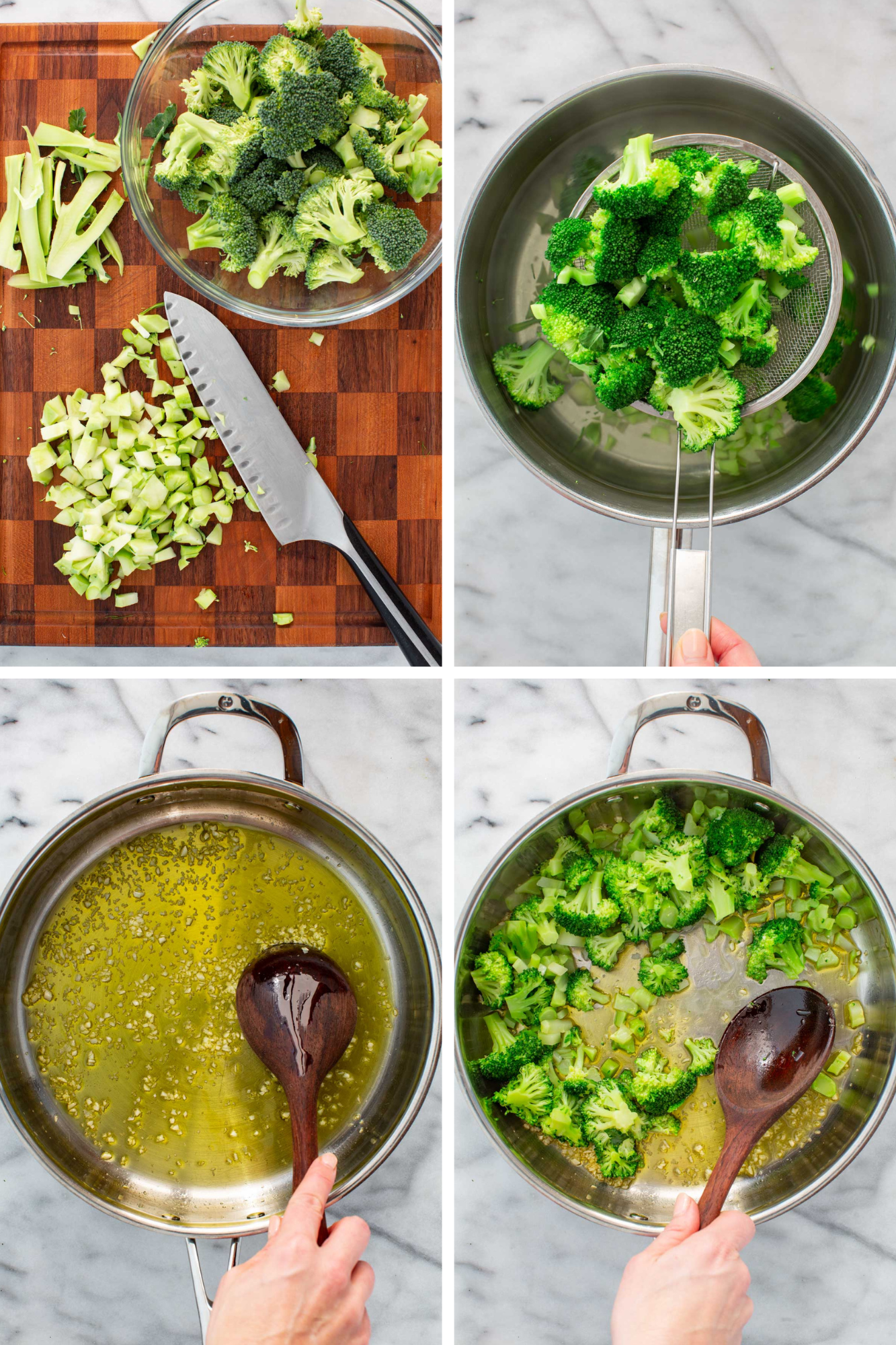4 step by step shots of the process to make broccoli con pasta.