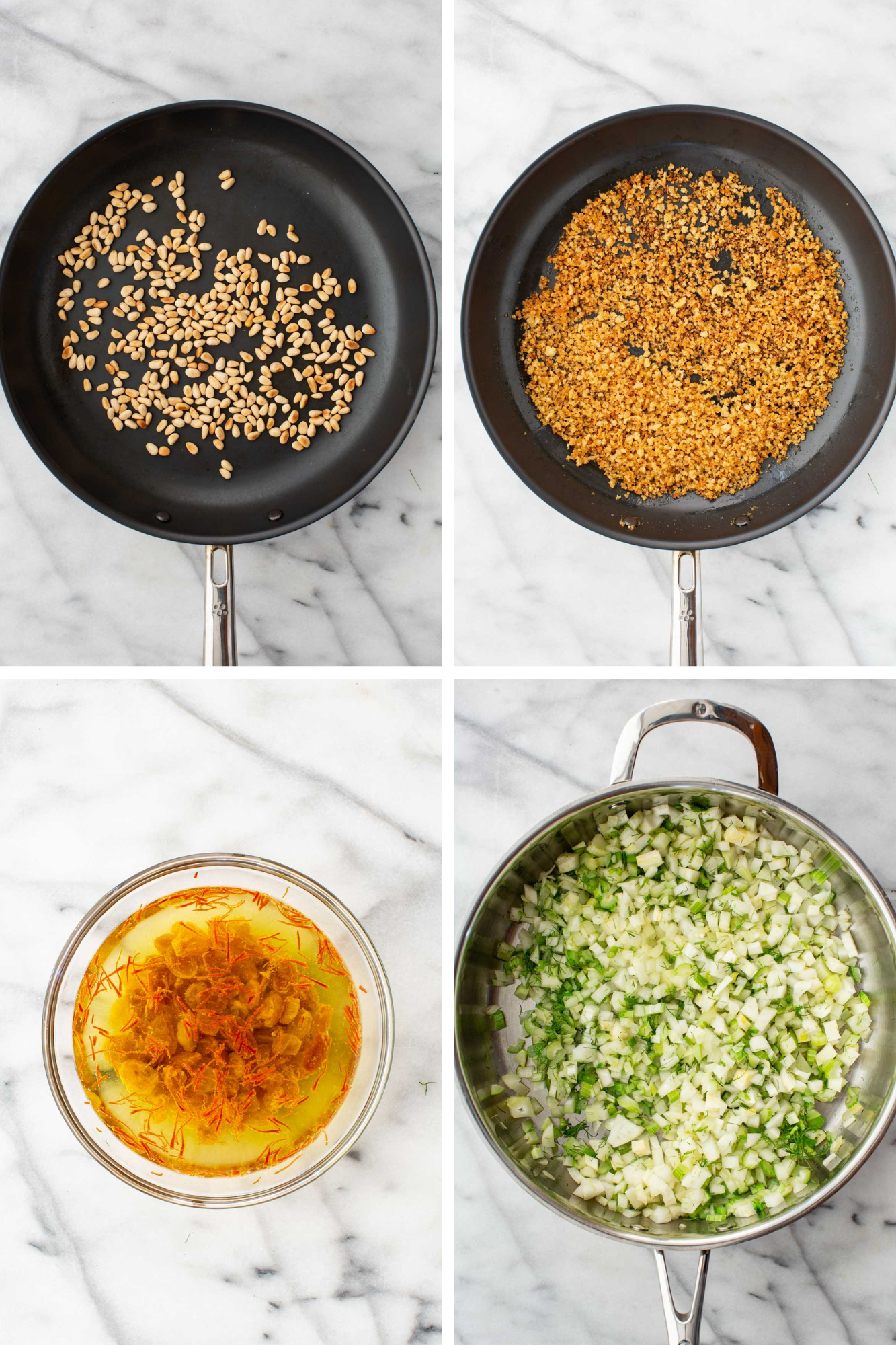 Four step overhead collage showing toasted pine nuts and breadcrumbs, raisins and saffron steeping in wine, and sauteed onions and fennel.