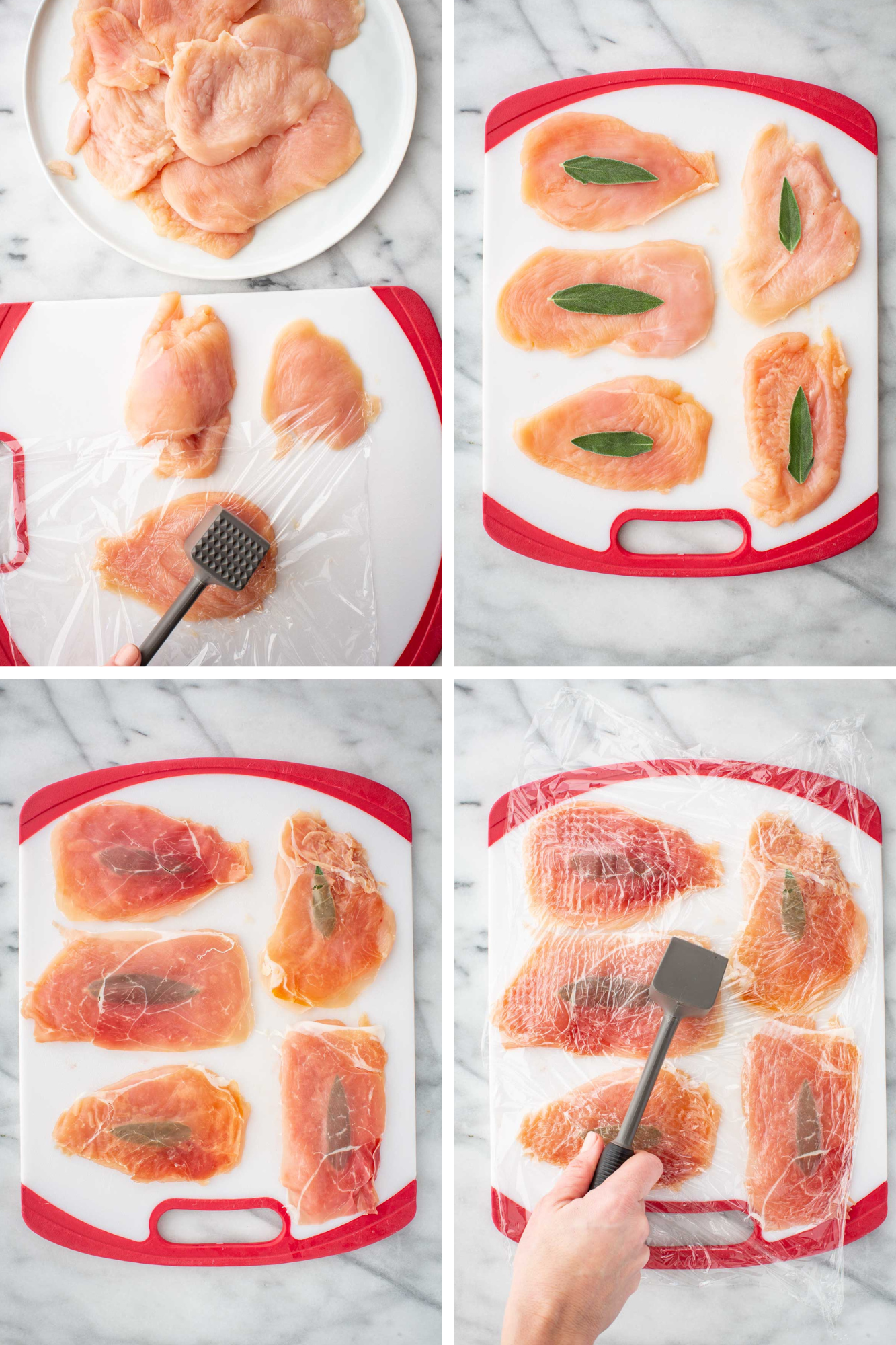 Four step overhead collage showing uncooked chicken breast cutlets being pounded out with a meat mallet, topped with sage and prosciutto, and being pounded again for them to stick.