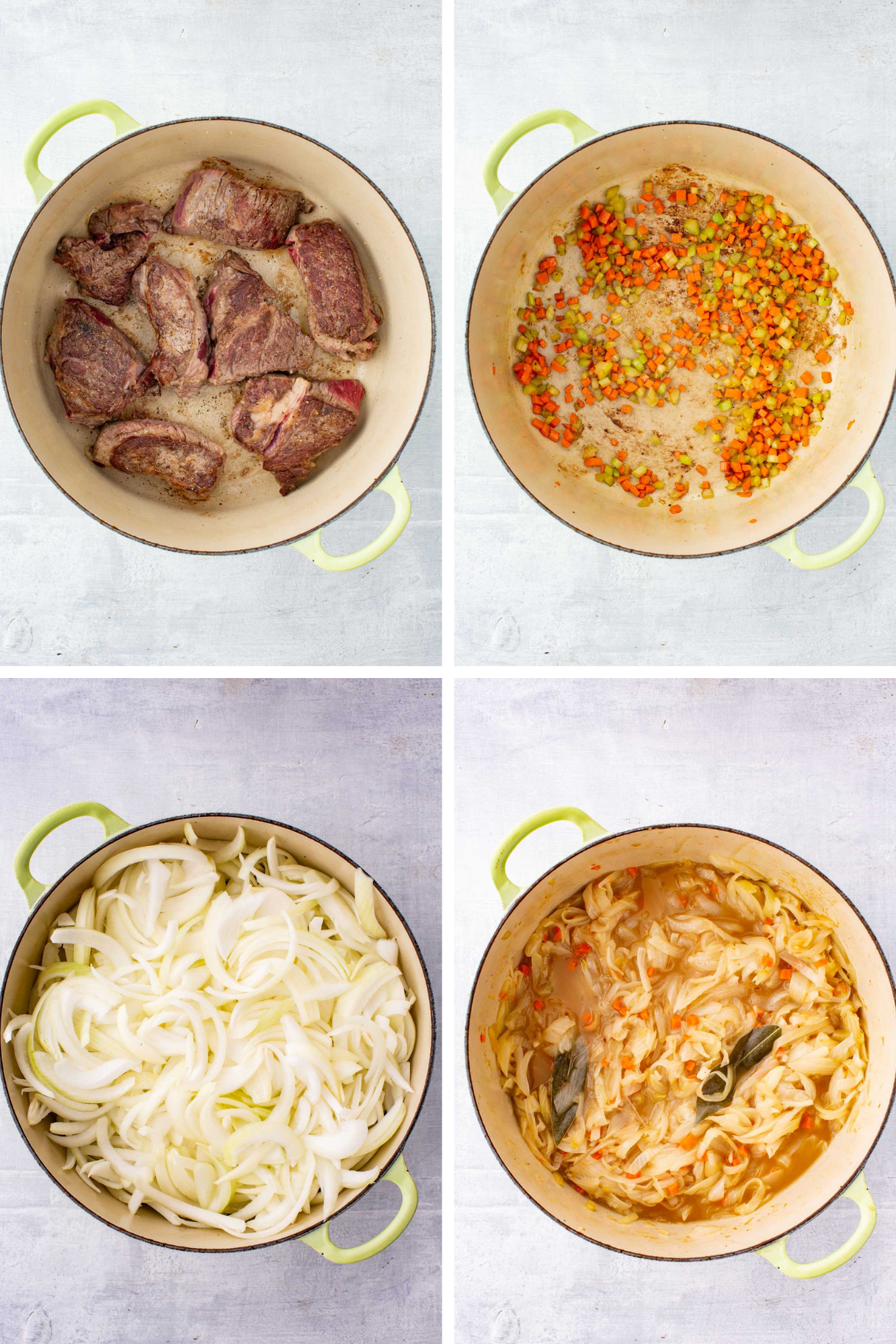 Step by step collage showing beef chunks browning in a Dutch oven and diced carrots and celery sautéing for pasta alla Genovese.