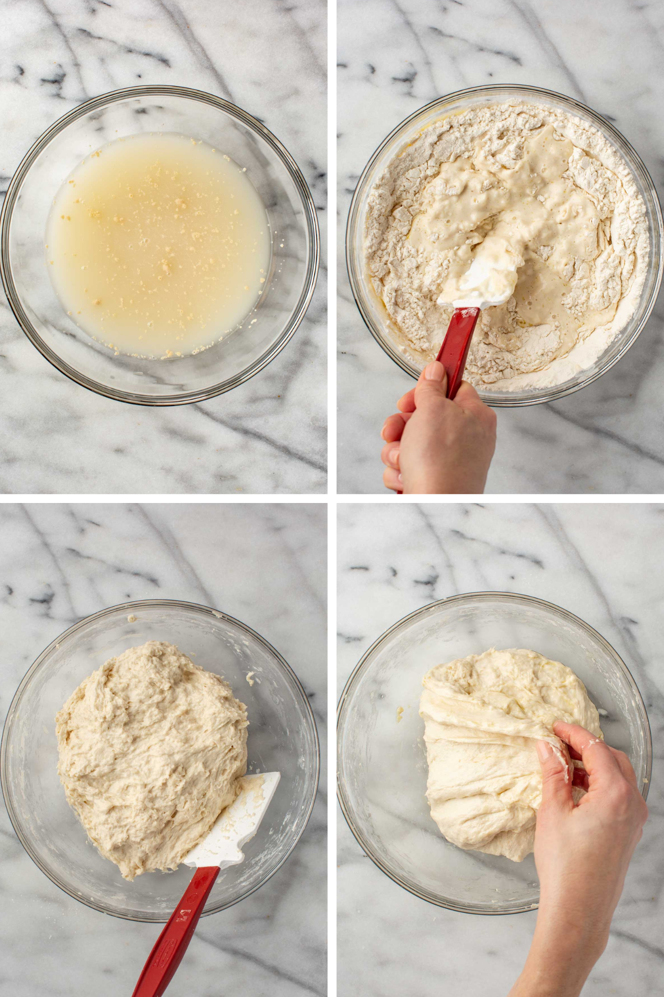 Four step overhead collage showing yeast dissolved in water, dough being mixed in a bowl with a spatula, shaggy dough coming together, and a hand stretching the sticky dough.