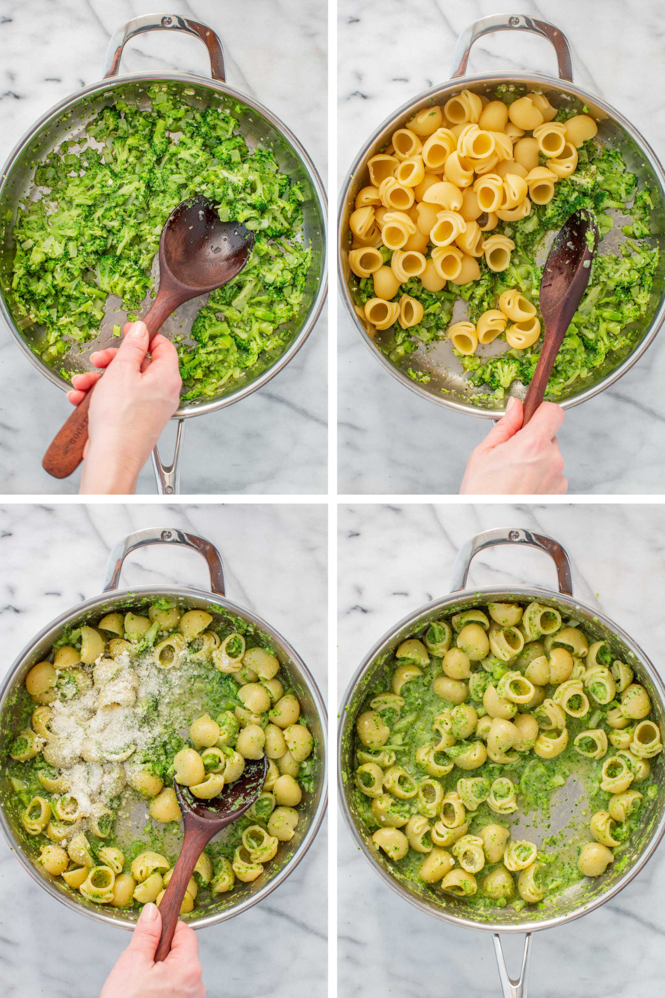 Four images depicting the step by step method to make broccoli pasta.