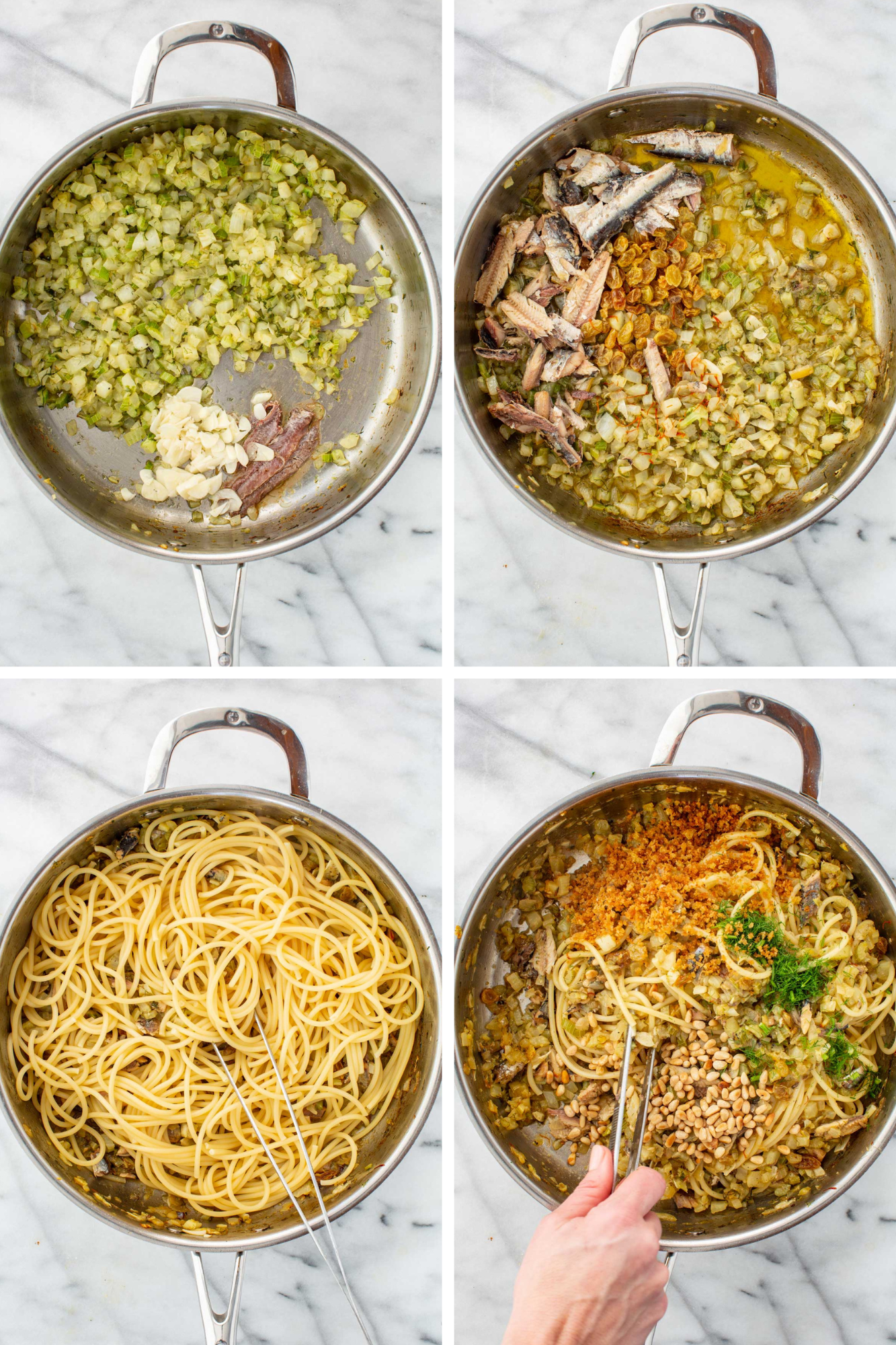Four step overhead collage showing the addition of garlic and anchovies, sardines, raisins and wine, incorporation of pasta, and final addition of fennel fronds, pine nuts and breadcrumbs.