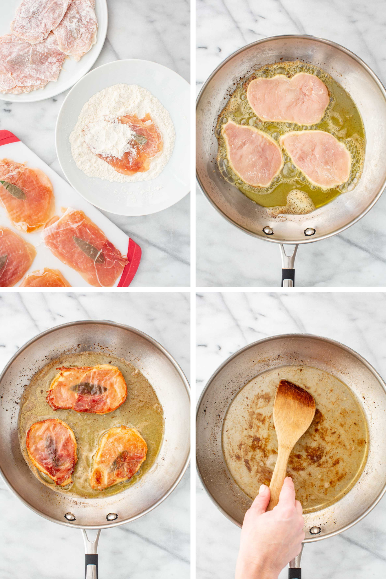 Four step overhead collage showing chicken cutlets dreged in flour and pan fried.
