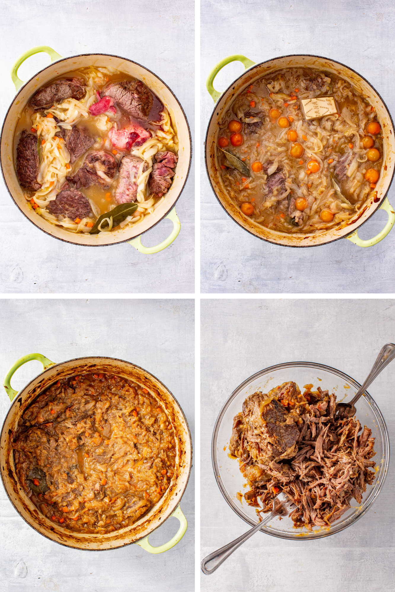 Process collage of sliced onions cooking down, beef braising with bay leaves and broth, and the Genovese sauce simmering in a Dutch oven.