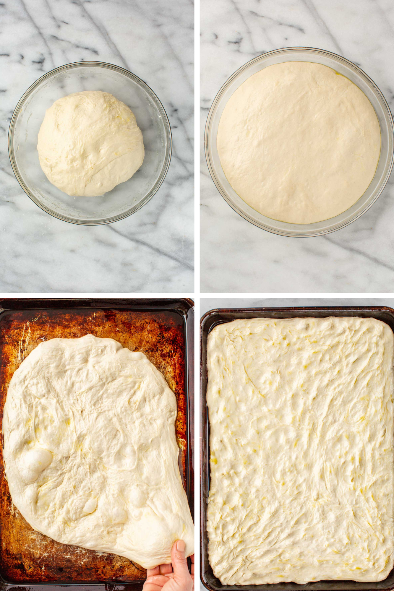 Four step overhead collage showing dough formed into a smooth ball, dough fully risen in a bowl, dough being stretched onto a sheet pan, and dough pressed to fill the pan.