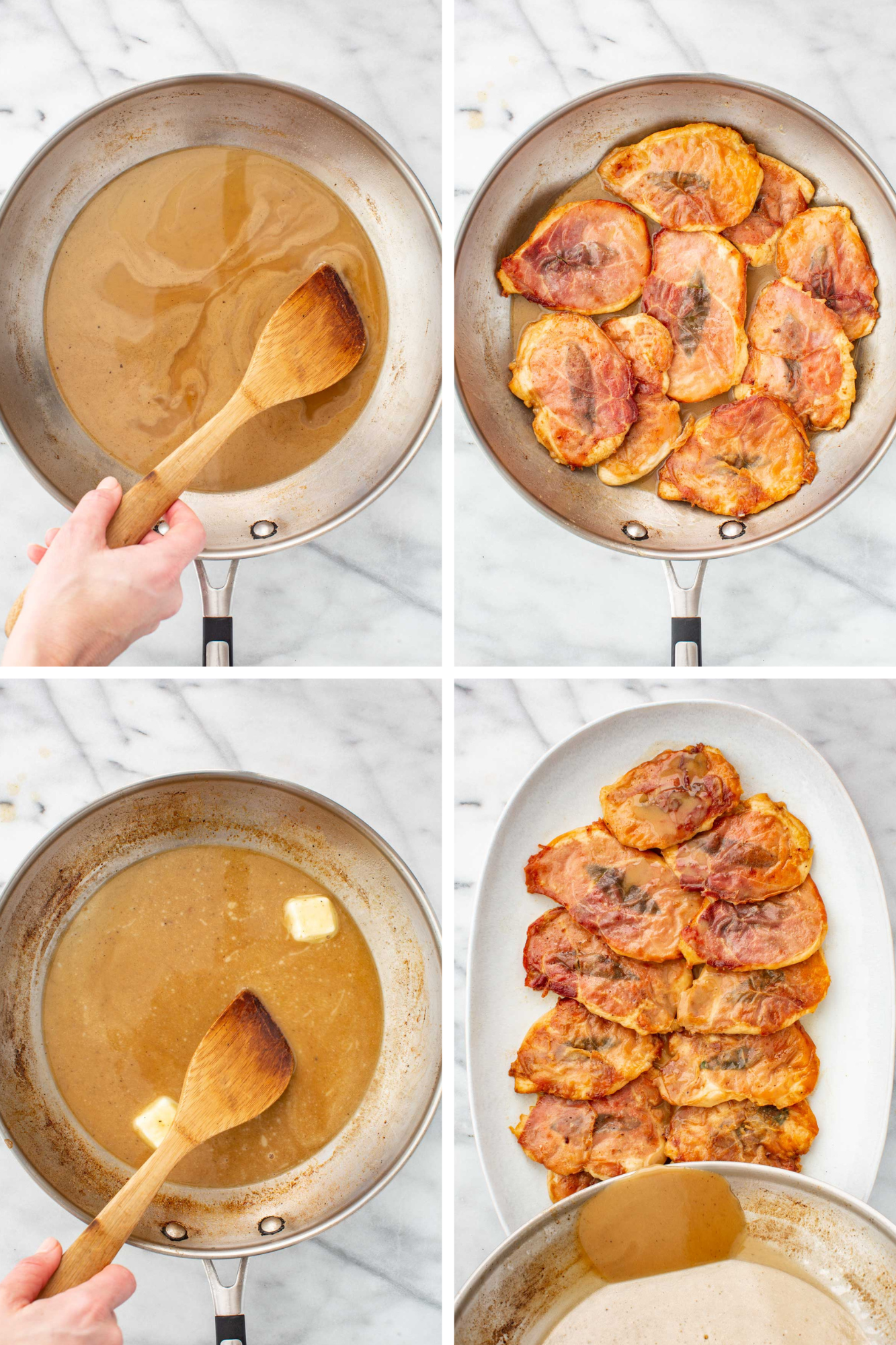 Four step overhead collage showing the pan sauce being made and drizzled over the cooked cutlets.