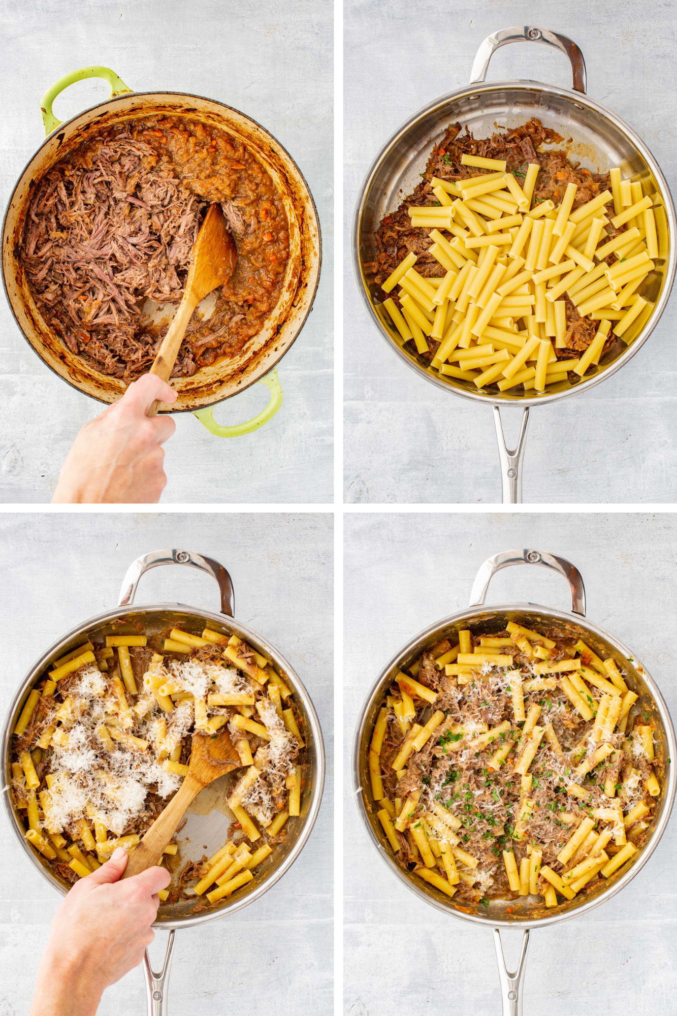 Step by step collage of shredded beef mixed back into onion sauce and ziti pasta tossed with Genovese sauce and grated cheese.
